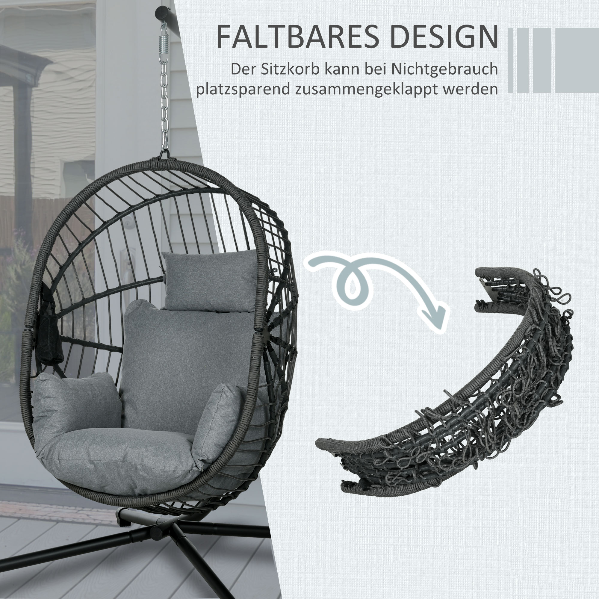 Outdoor Hängesessel Hängesessel, inkl. Polster, Egg-Chair, 120 cm x 106 cm x 188 cm,  Grau