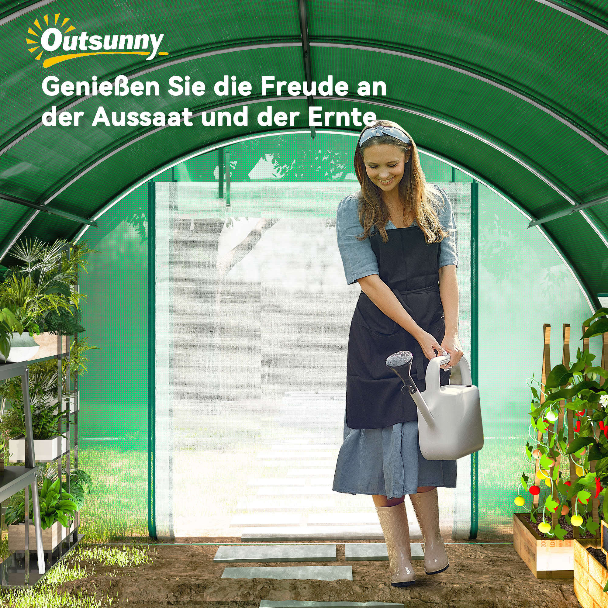 6 x 3 x 2 m Polytunnel-Gewächshaus mit Sonnenschutznetz, rollbaren Seitenwänden, Kunststoff-Abdeckung, Stahlrahmen, Grün