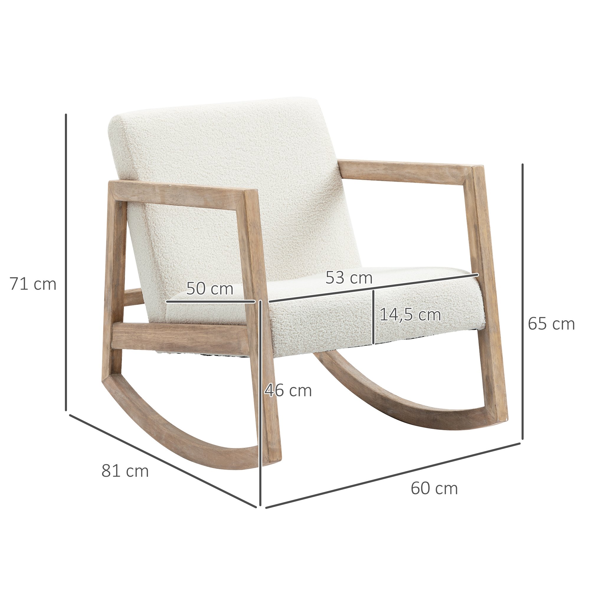 Schaukelstuhl mit Holzrahmen gepolstert Relax Stuhl Sessel Stuhl Wohnzimmersessel Lounge mit gepolsterter Sitzfläche Kautschukholz Cremeweiß 60 x 81 x 71 cm