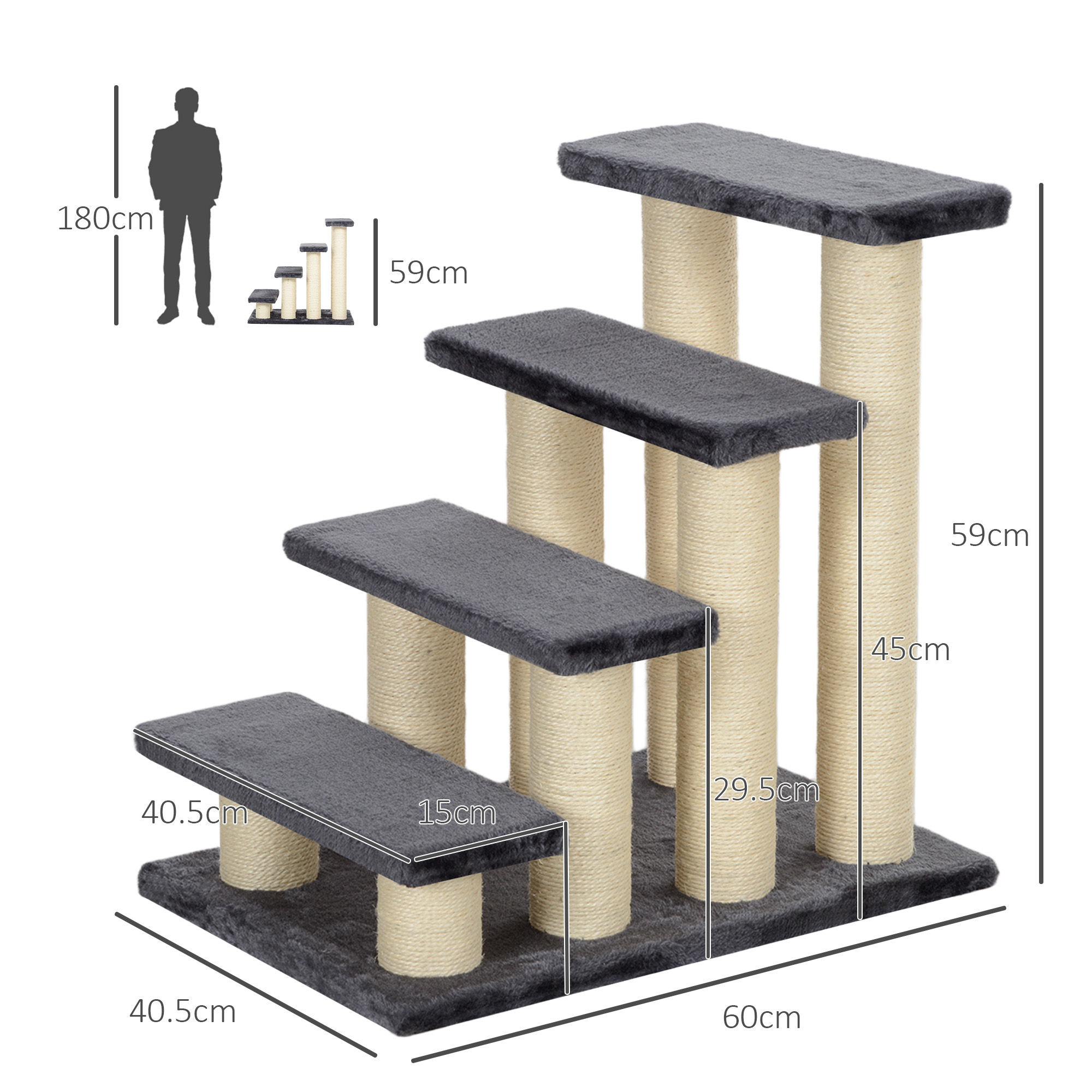 Katzentreppe 4-stufige Haustiertreppe 59 cm hoch Hundetreppe für Katzen aller Größen Hunderampe Einstiegshilfe für Bett, Sofa, Couch Grau