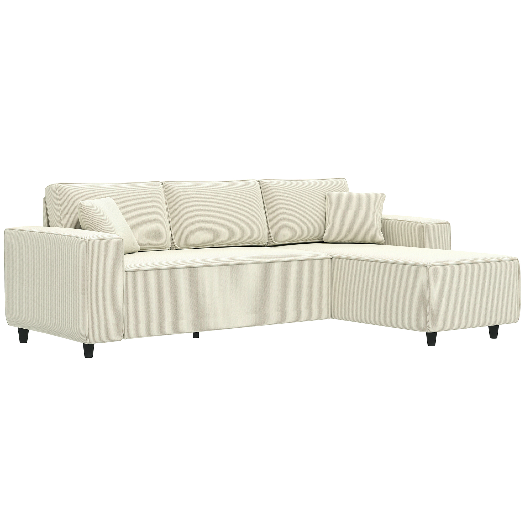 3-Sitzer-Sofa mit Chaiselongue, Wohnzimmercouch mit Cordbezug, 2 Extra-Kissen, Polstersofa, Cremeweiß