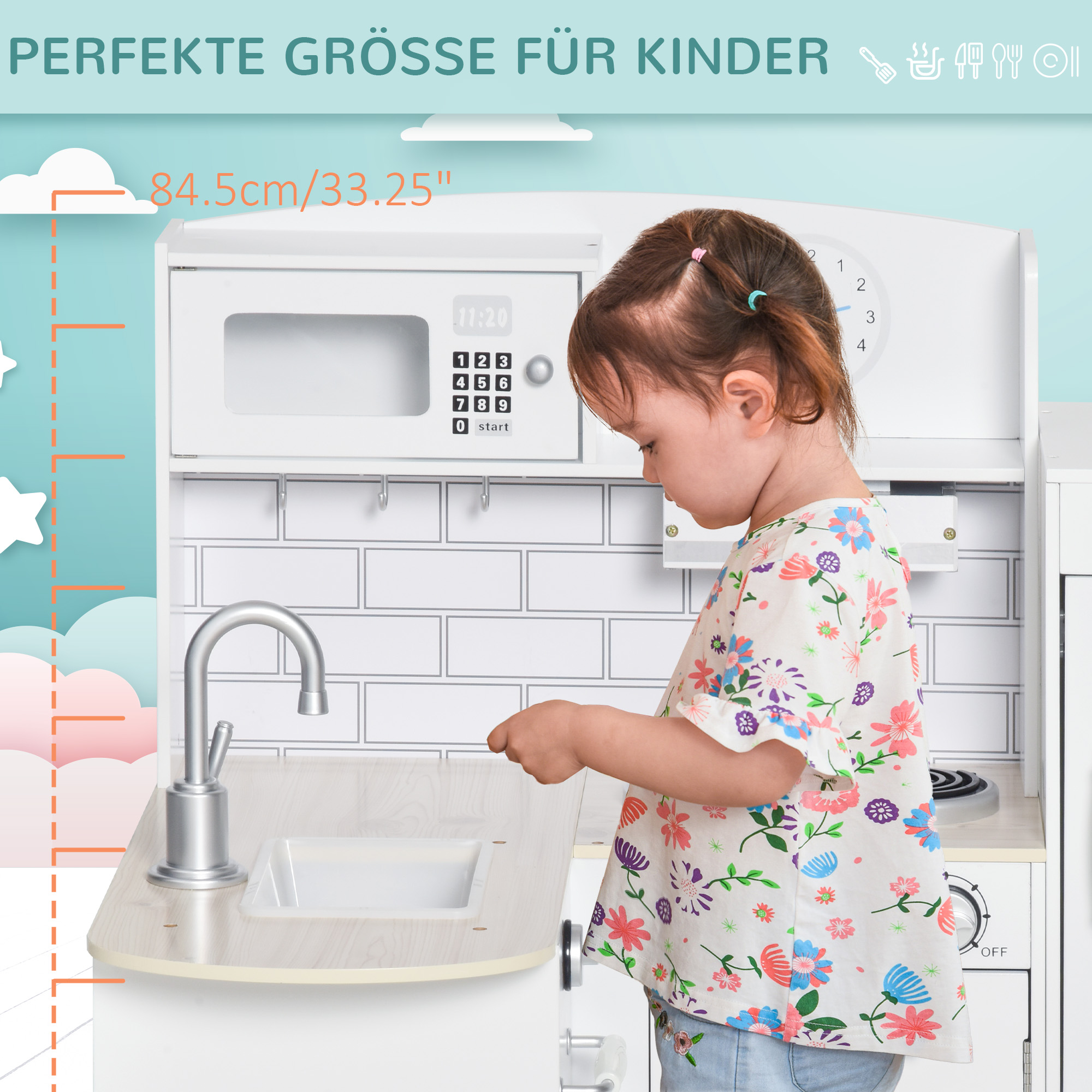 Spielküche, 14-tlg. Zubehör, elektr. Wasserspender, 86 x 64 x 84,5 cm, Weiß