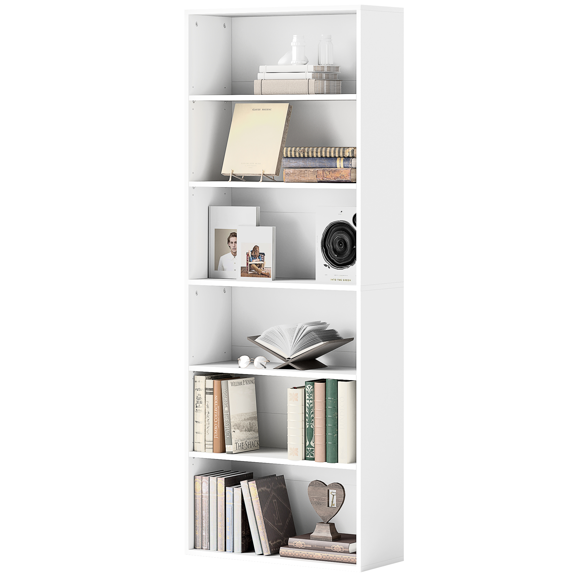Bücherregal, 6 Fächer, verstellbare Regale, Spanplatte, 60 x 24 x 158,5 cm, Weiß