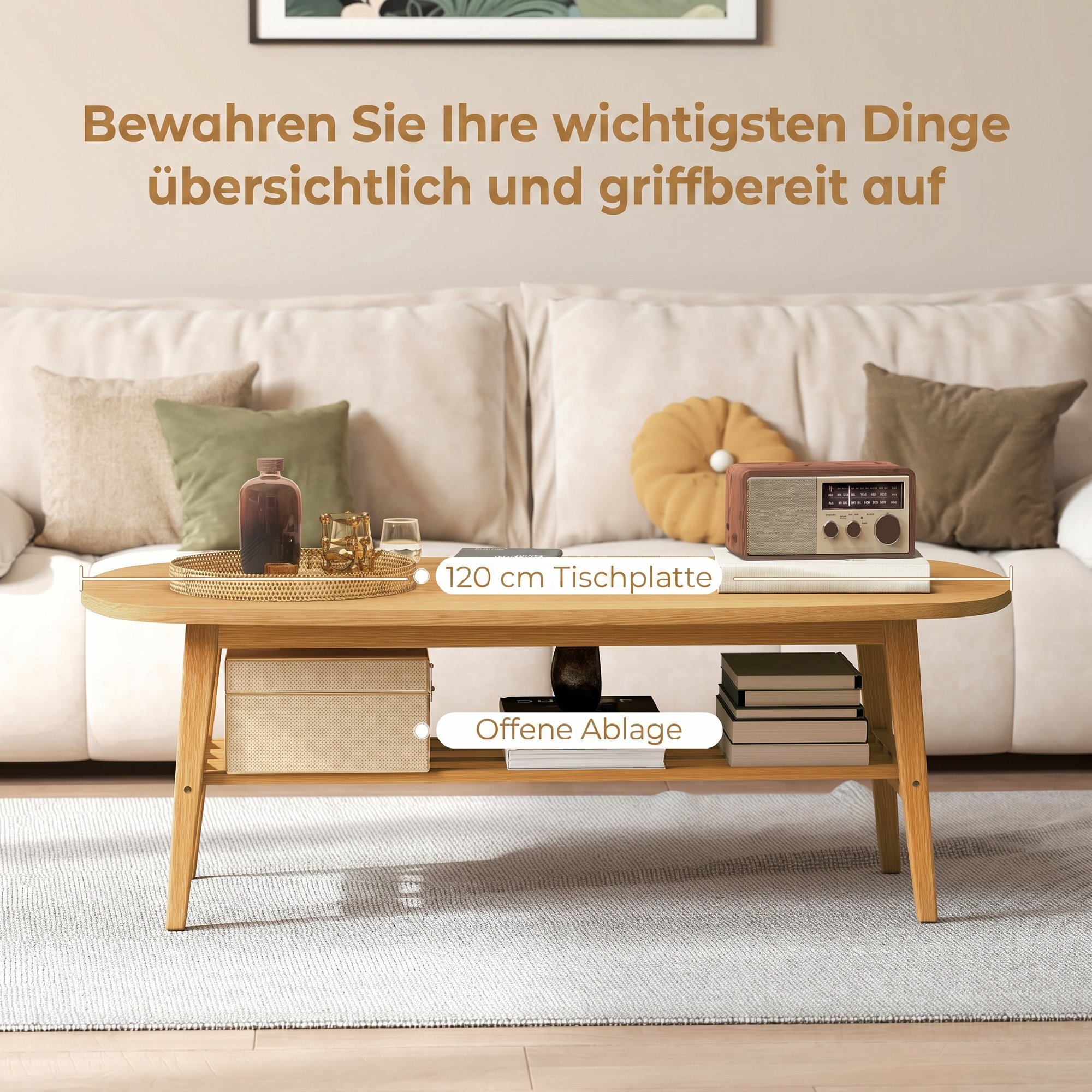 Couchtisch Wohnzimmertisch mit Ablage, Kaffeetisch für Wohnzimmer, Schlafzimmer, 120 x 60 x 42 cm, Naturholz