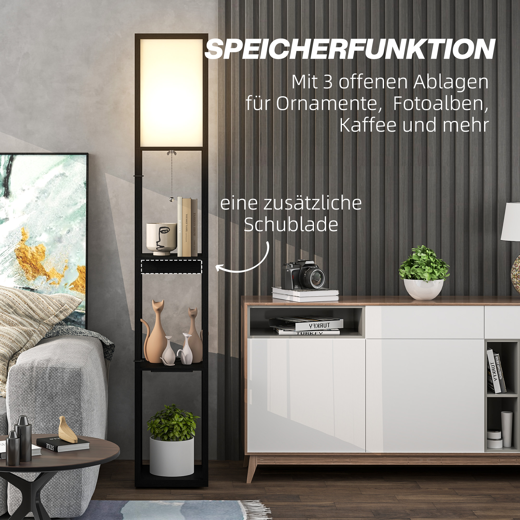 Stehlampe mit 3-stufigem Regal, Fußschalter, USB-Anschlüssen, MDF, Schwarz