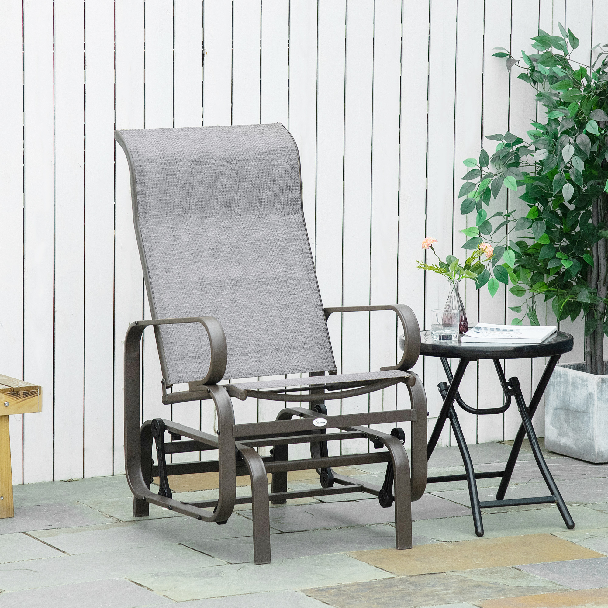 Schaukelstuhl Garten Gartenstuhl Relaxstuhl Gartenschaukel Garten Metall Schaukel Stuhl für Garten Terrasse Balkon Texteline Grau+Braun 60 x 78 x 105 cm