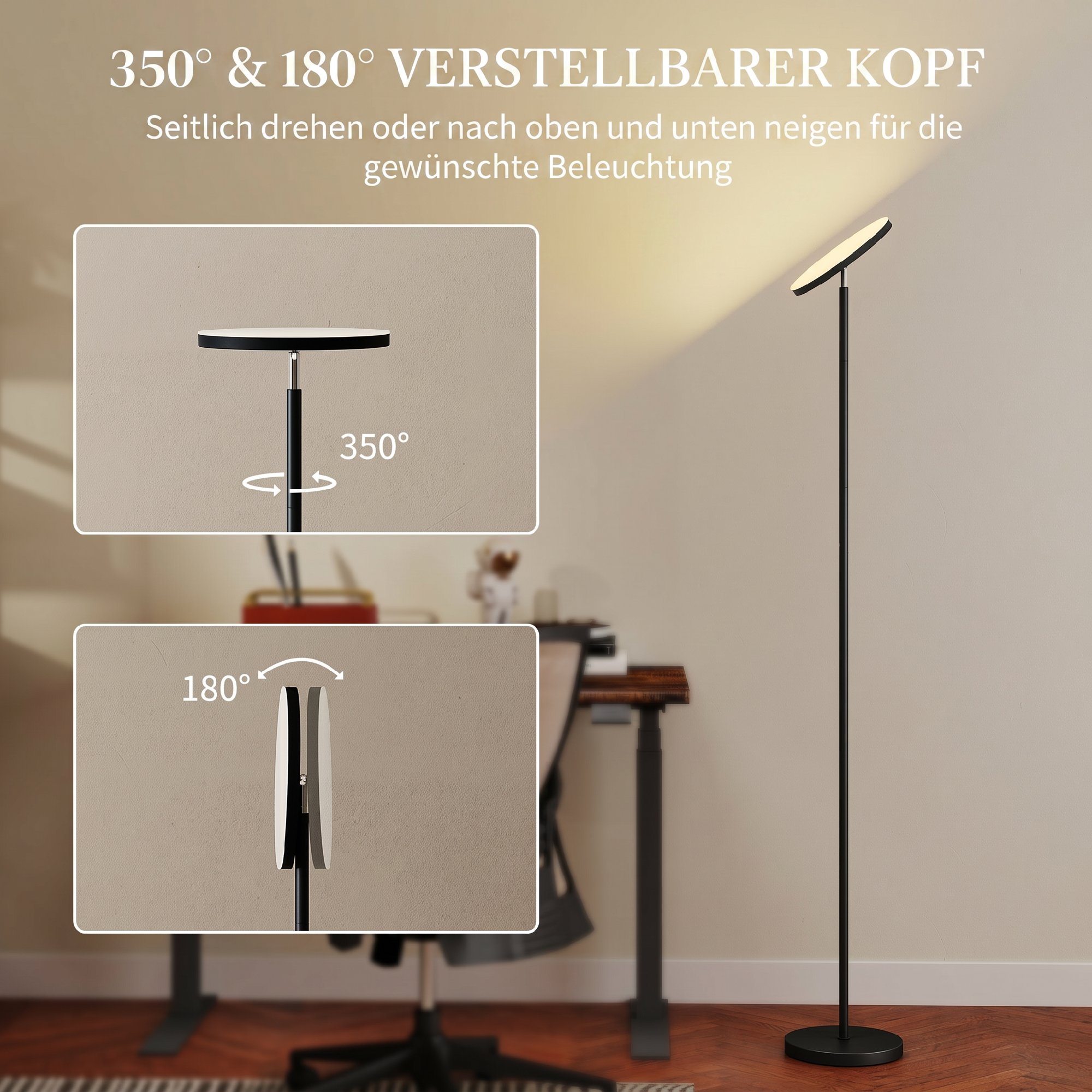 RGB Uplighter Stehlampe, dimmbare Lampe mit Fernbedienung & Touch-Steuerung, 350° drehbarer Kopf, Schwarz