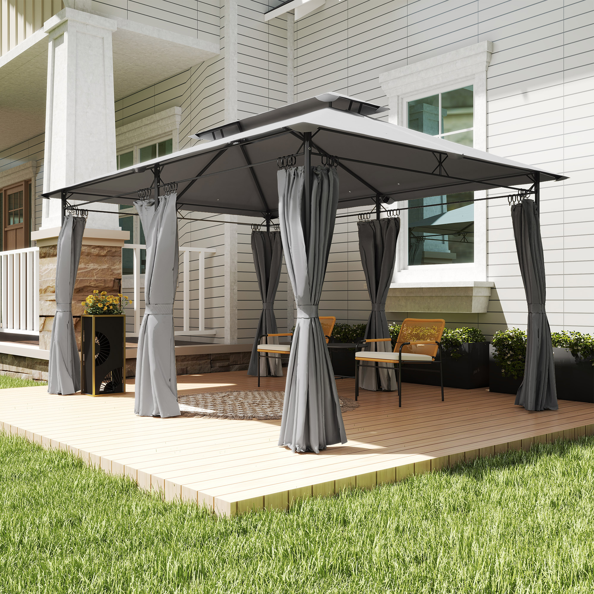 Gartenpavillon 3x4 m mit abnehmbaren Vorhängen, Doppeldach und Metallgestell, Dunkelgrau