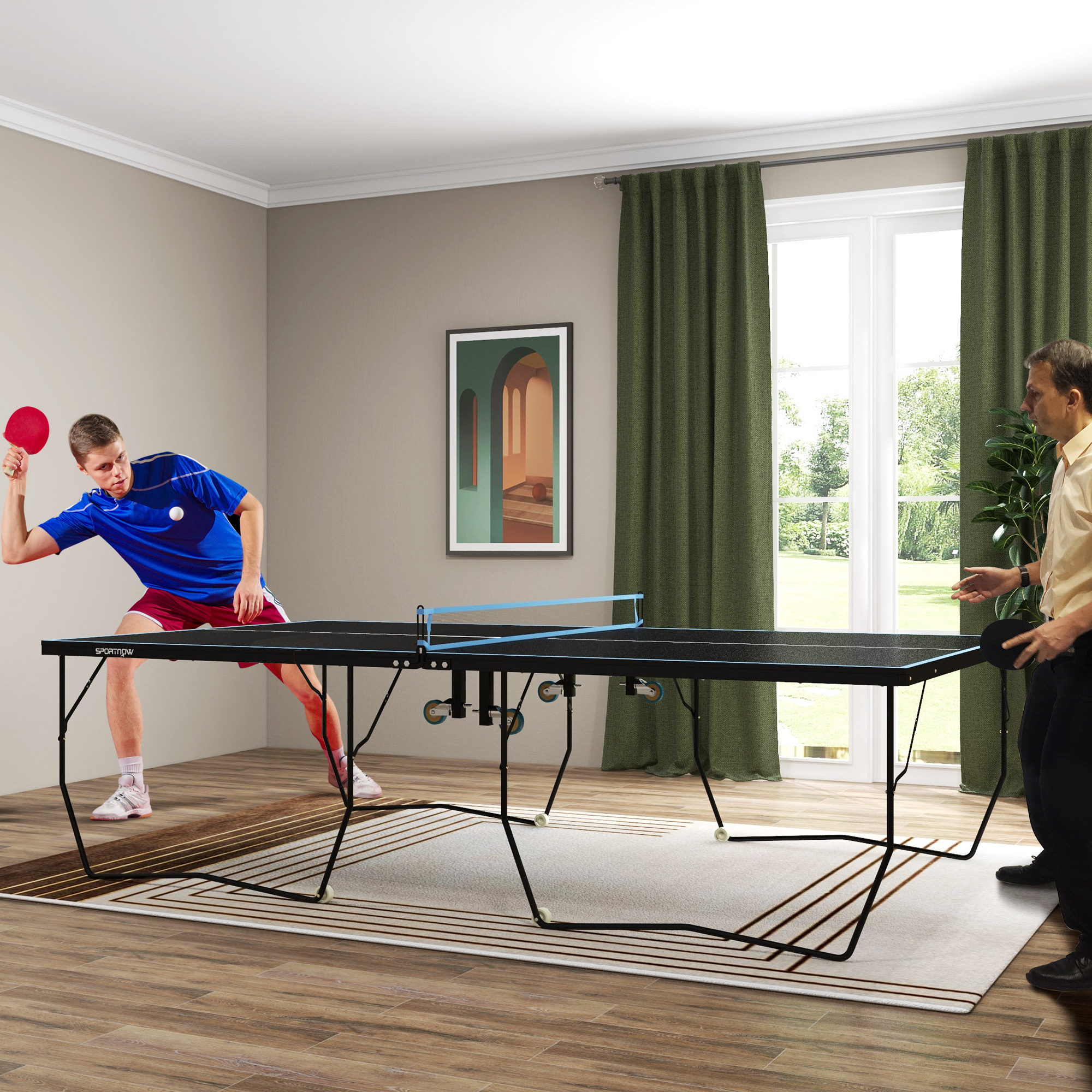 Tischtennisplatte, klappbar, 8 Räder, pulverbeschichteter Stahlrahmen, MDF, 274 x 152,5 x 76 cm, Schwarz