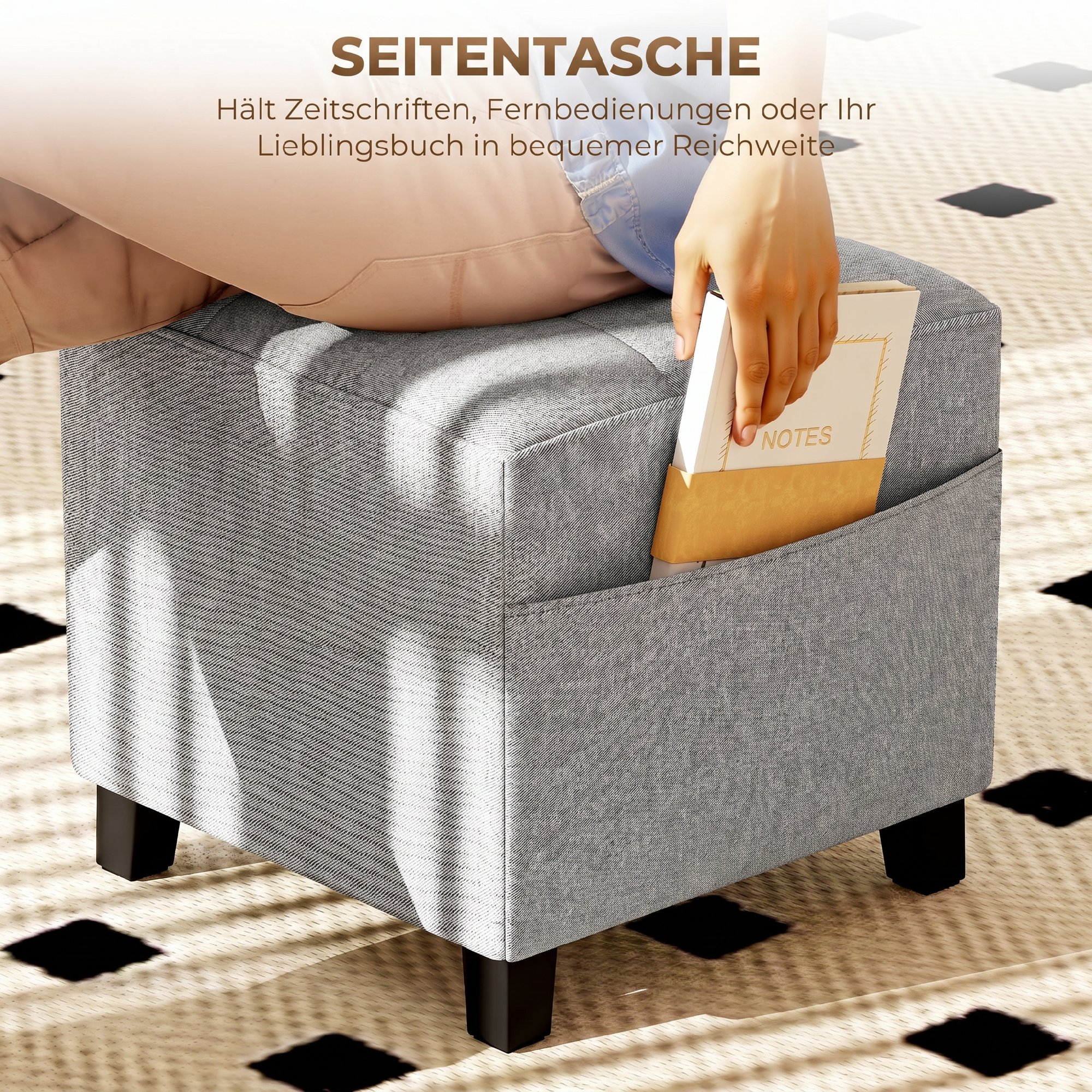 Quadratischer Hocker, kleiner Ottoman mit Seitentasche, Fußstütze aus Stoff in Leinenoptik mit Gummibaumholzbeinen, Hellgrau