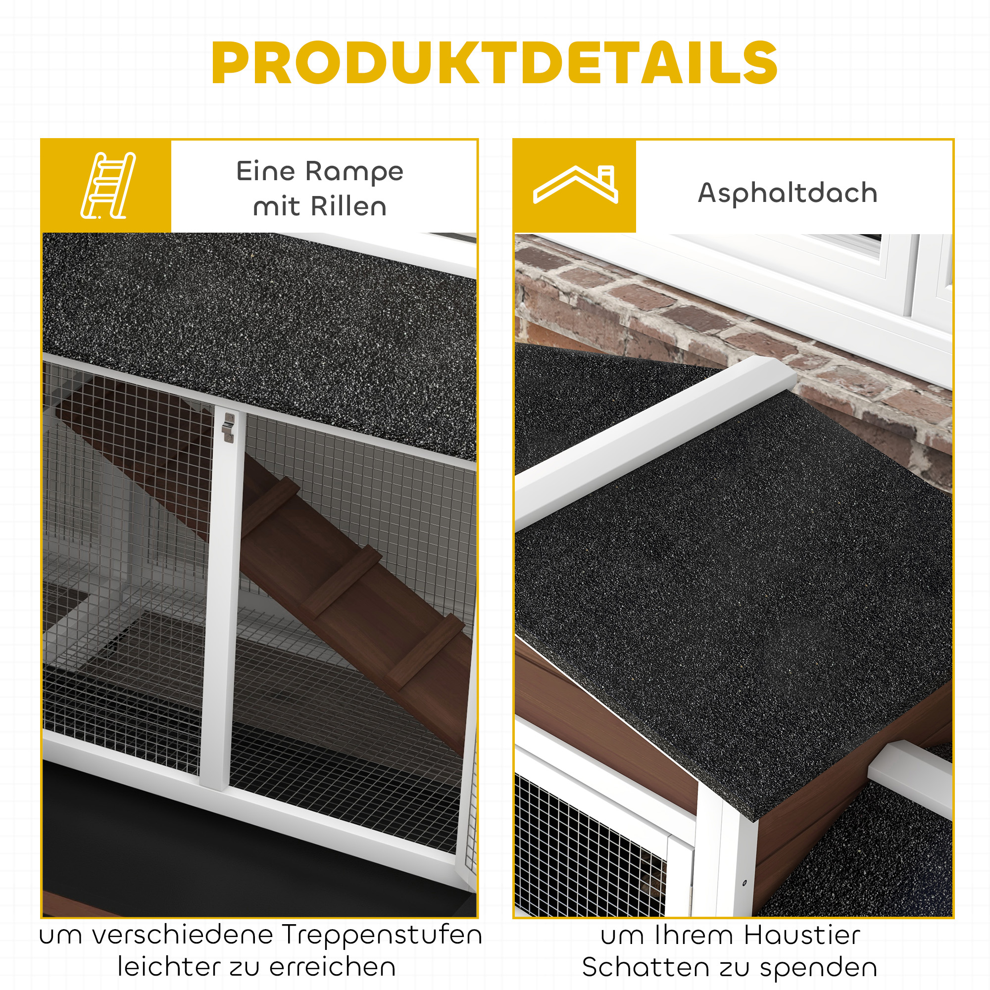 Kleintierstall mit Rollen, Zwergkaninchenstall, Freilaufgehege, Asphaltdach, Kleintierhaus, Zwergkaninchenauslauf, Holz, Stahl, Braun