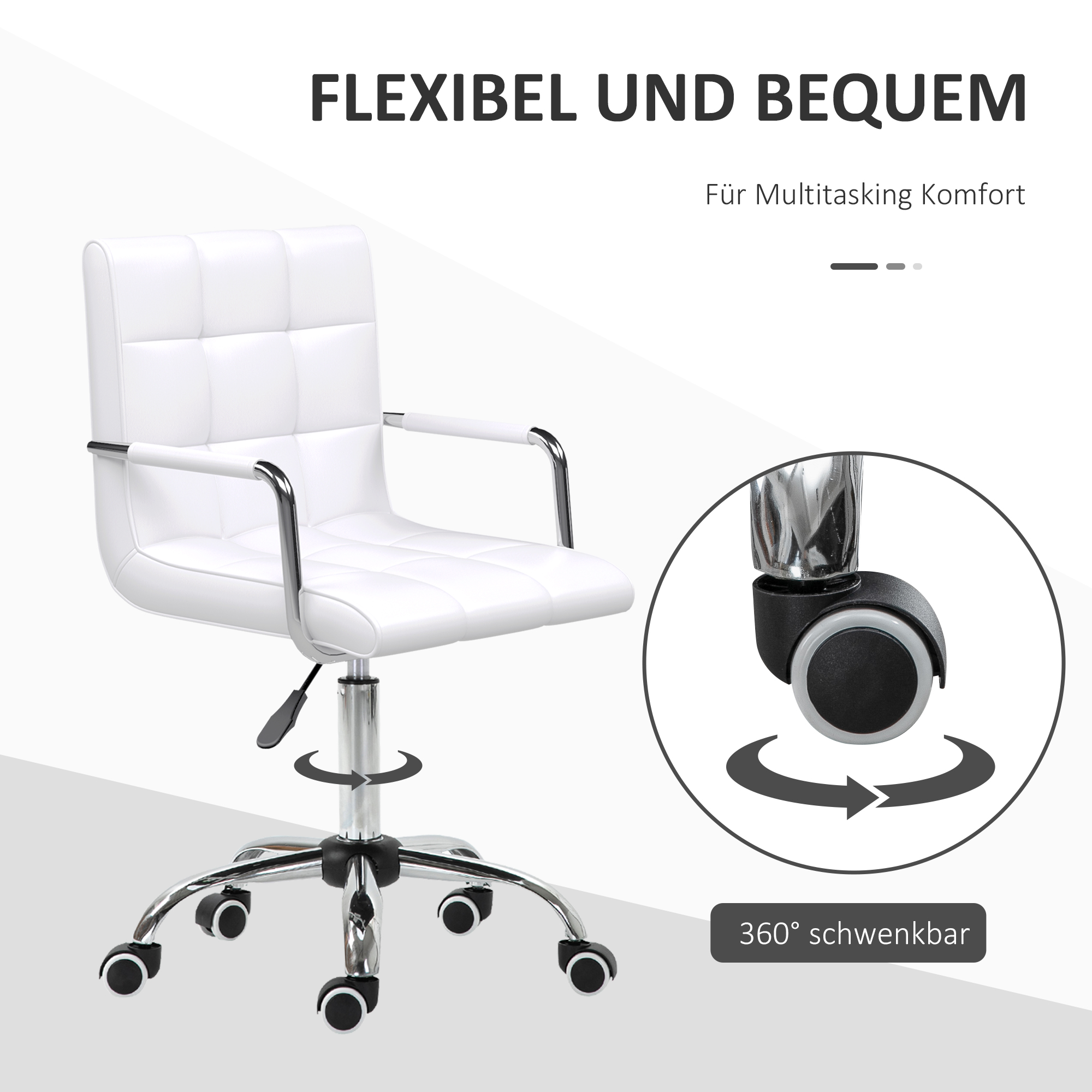 Bürostuhl im Retrodesign, höhenverstellbar, 5 Rollen, 52,5 cm x 54 cm x 99 cm, Weiß