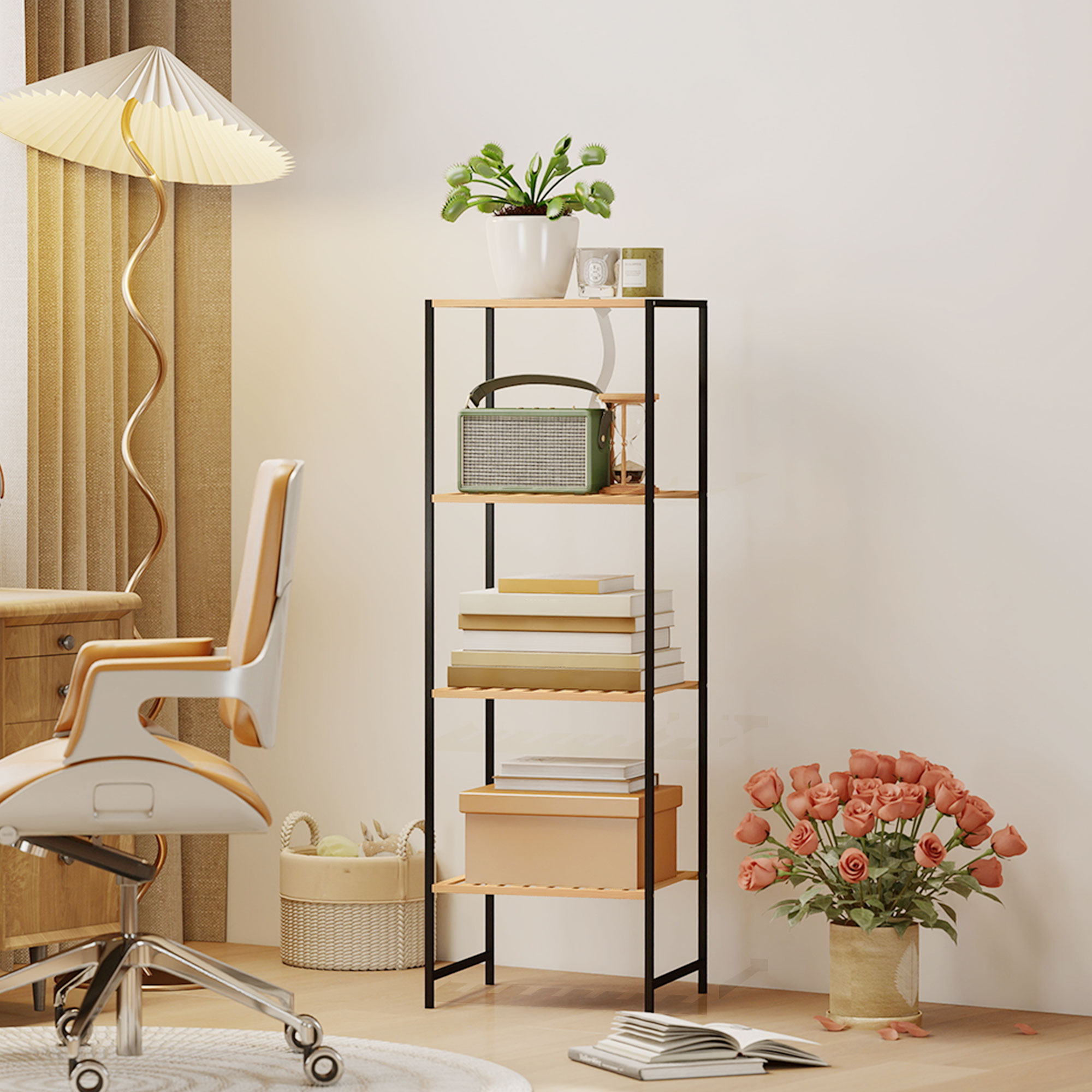 Standregal Badregal aus Bambus und Stahl, mit 4 Ablagen, 4-stöckiges Bücherregal, 36,5 x 33 x 110 cm, Natur