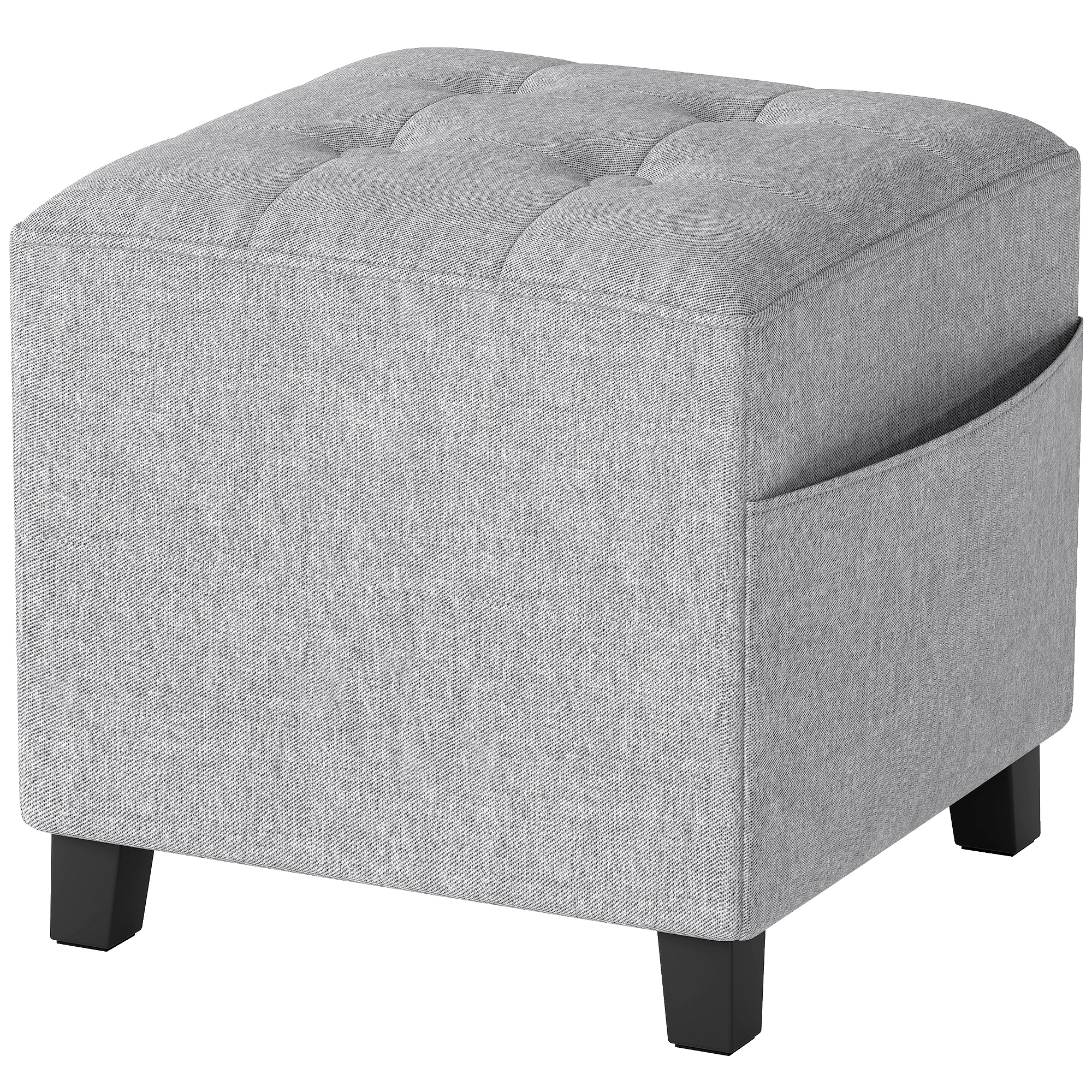 Quadratischer Hocker, kleiner Ottoman mit Seitentasche, Fußstütze aus Stoff in Leinenoptik mit Gummibaumholzbeinen, Hellgrau