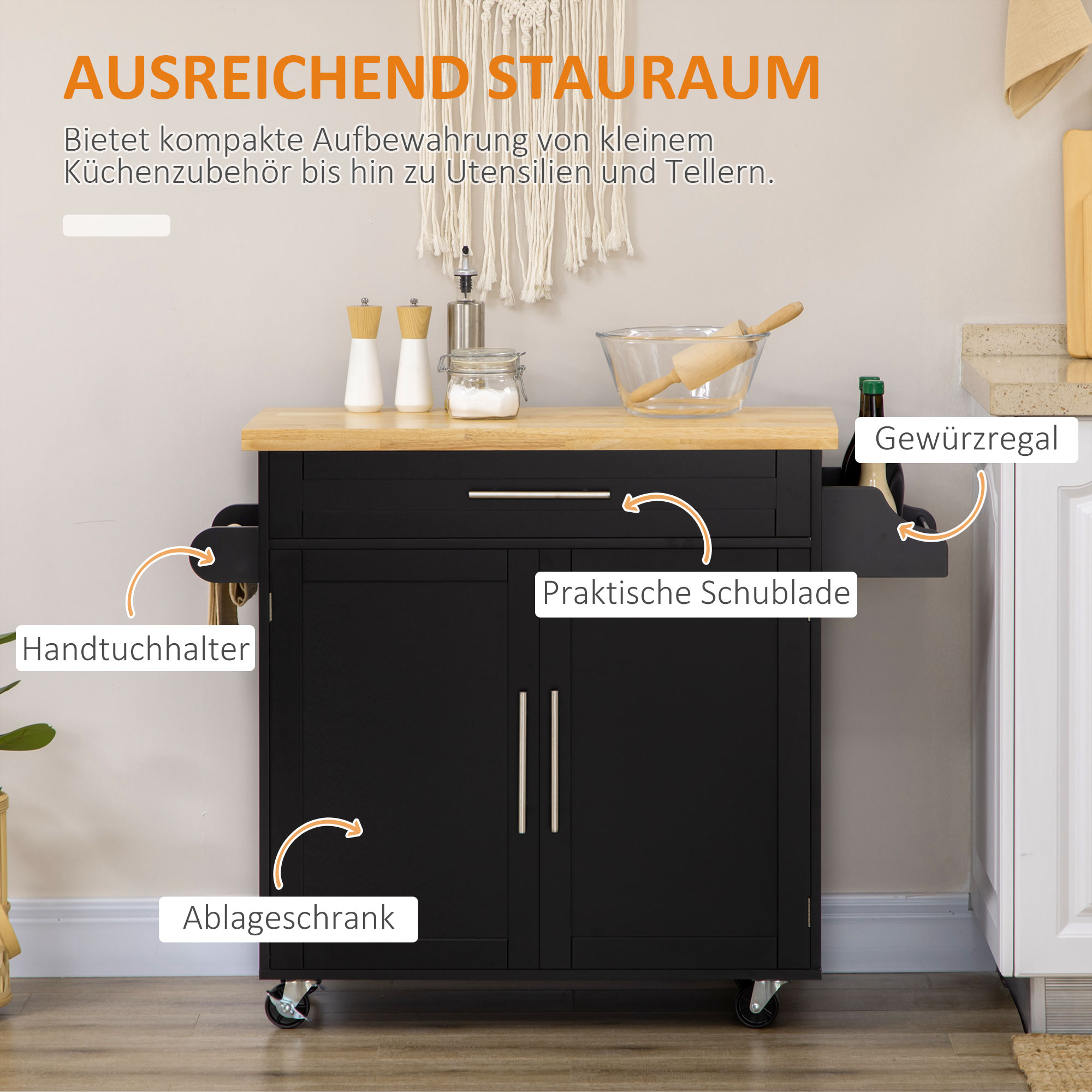 Küchenwagen Servierwagen Kücheninsel, 1 Gewürzregal, 1 Handtuchhalter, 109 cm x 40 cm x 89 cm, Schwarz