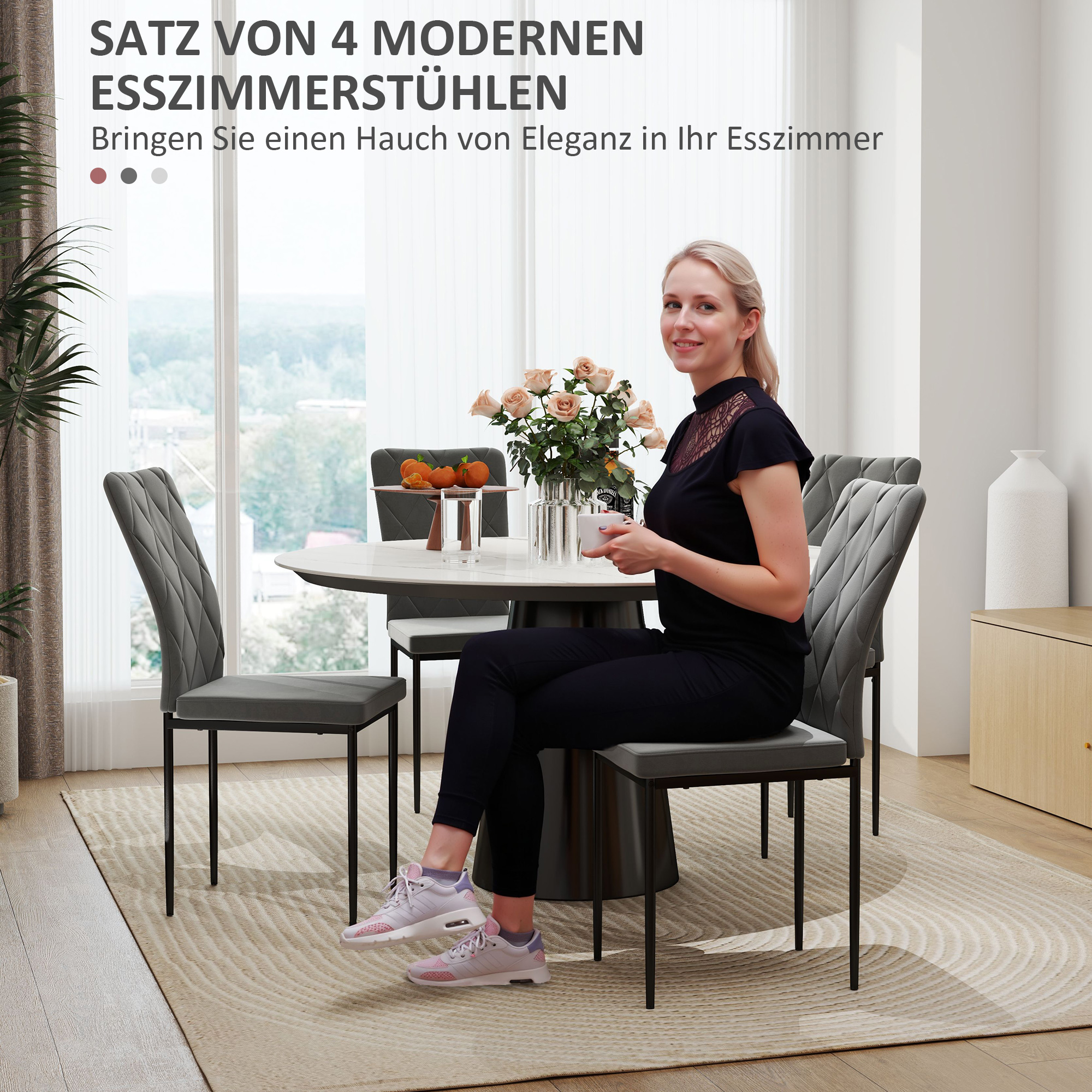 4er-Set Esszimmerstühle in Samtoptik, Moderne Polsterstühle mit Metallbeinen, für Esszimmer, Schlafzimmer, Küche, Grau