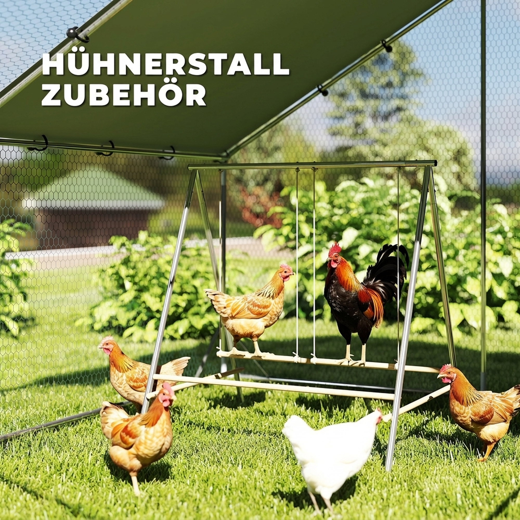 Hühner Spielgerüst aus Stahl Kiefernholz, Spielplatz für Hühner mit Sitzstangen, 2 Schaukeln für 4-6 Hühner
