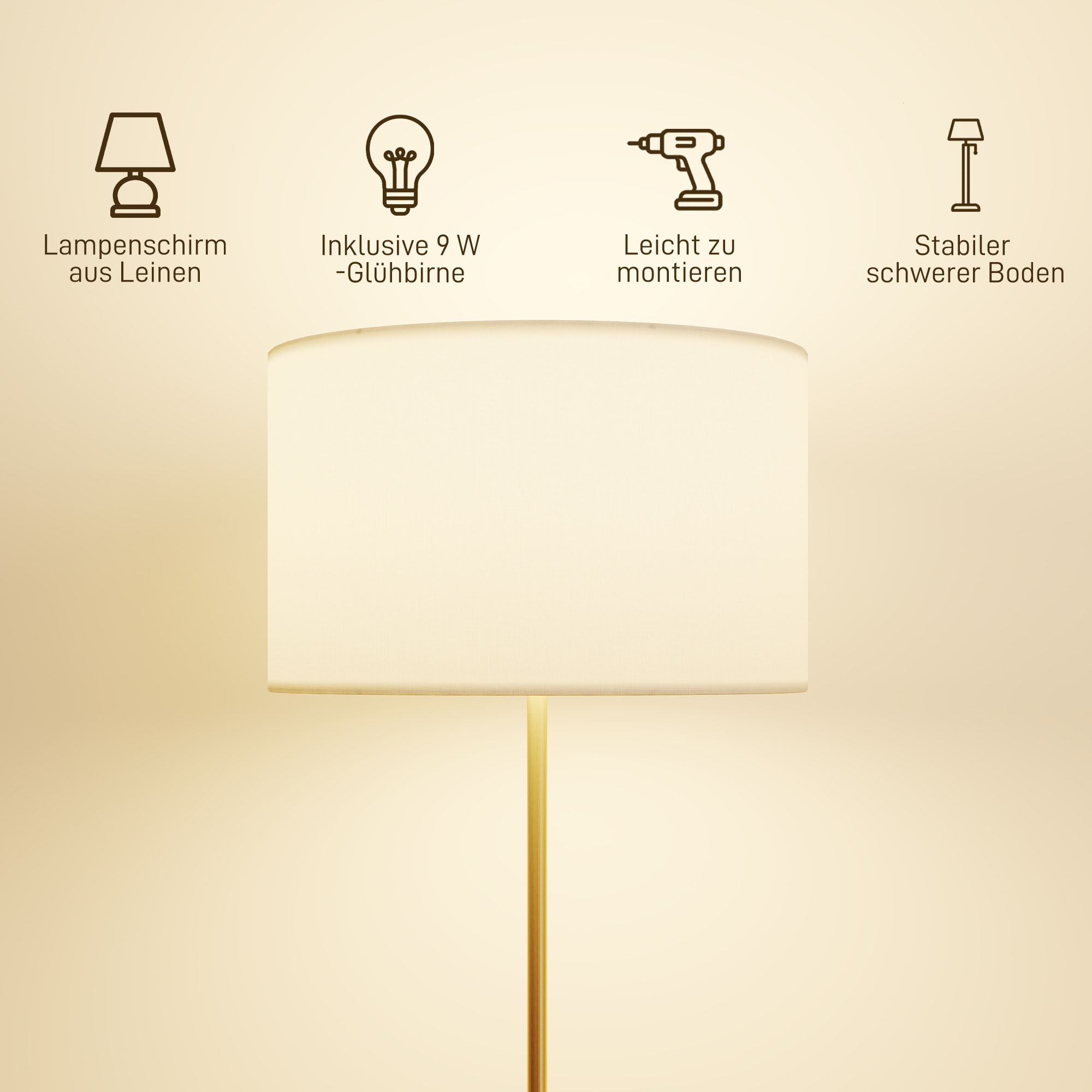 Stehlampe mit Fernbedienung, höhenverstellbar, Stoffschirm, Metallständer, anpassbare Helligkeit, Fußschalter, Goldfarben