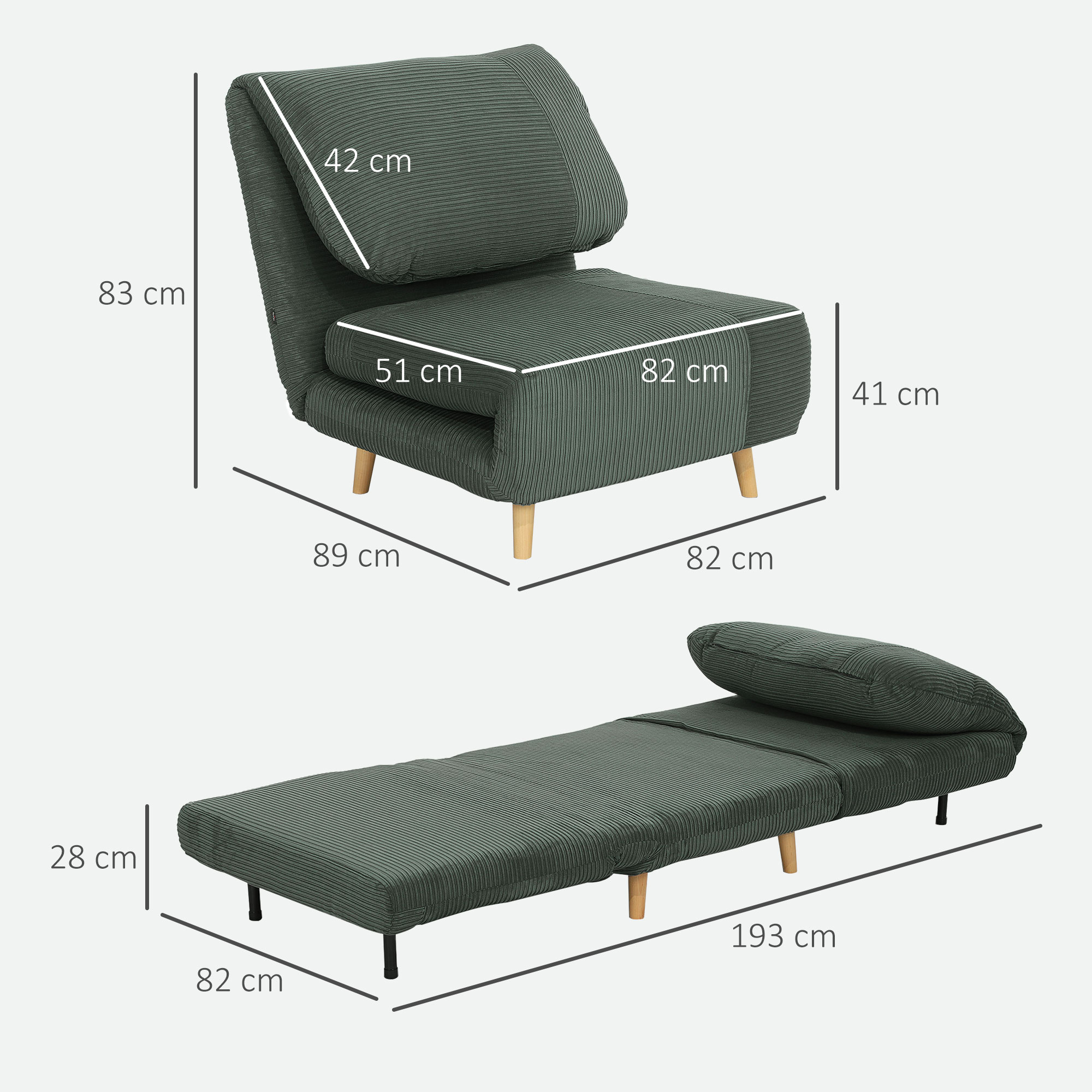 2-in-1 Schlafsessel Gästebett, verstellbare  Kopfstütze Cord-Optik 82 cm x 87 cm x 89 cm Grün