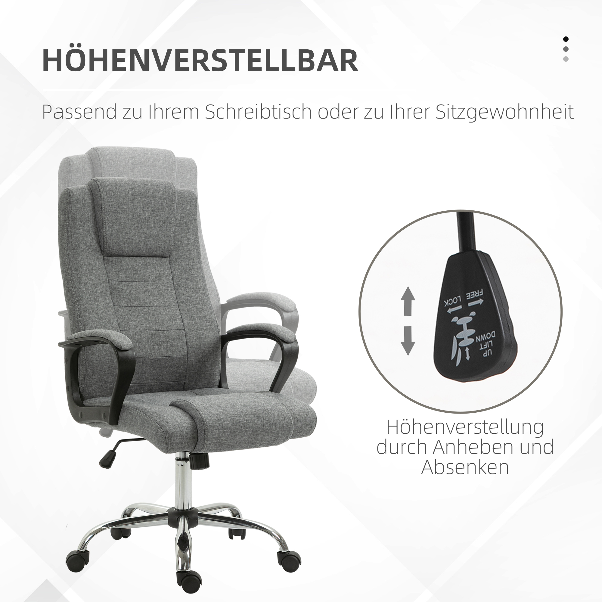 Bürostuhl Computerstuhl mit Wippenfunktion Kopfstütze ergonomischer Schreibtischstuhl drehbar höhenverstellbar Leinen-Touch Grau  62 x 76 x 110-119 cm