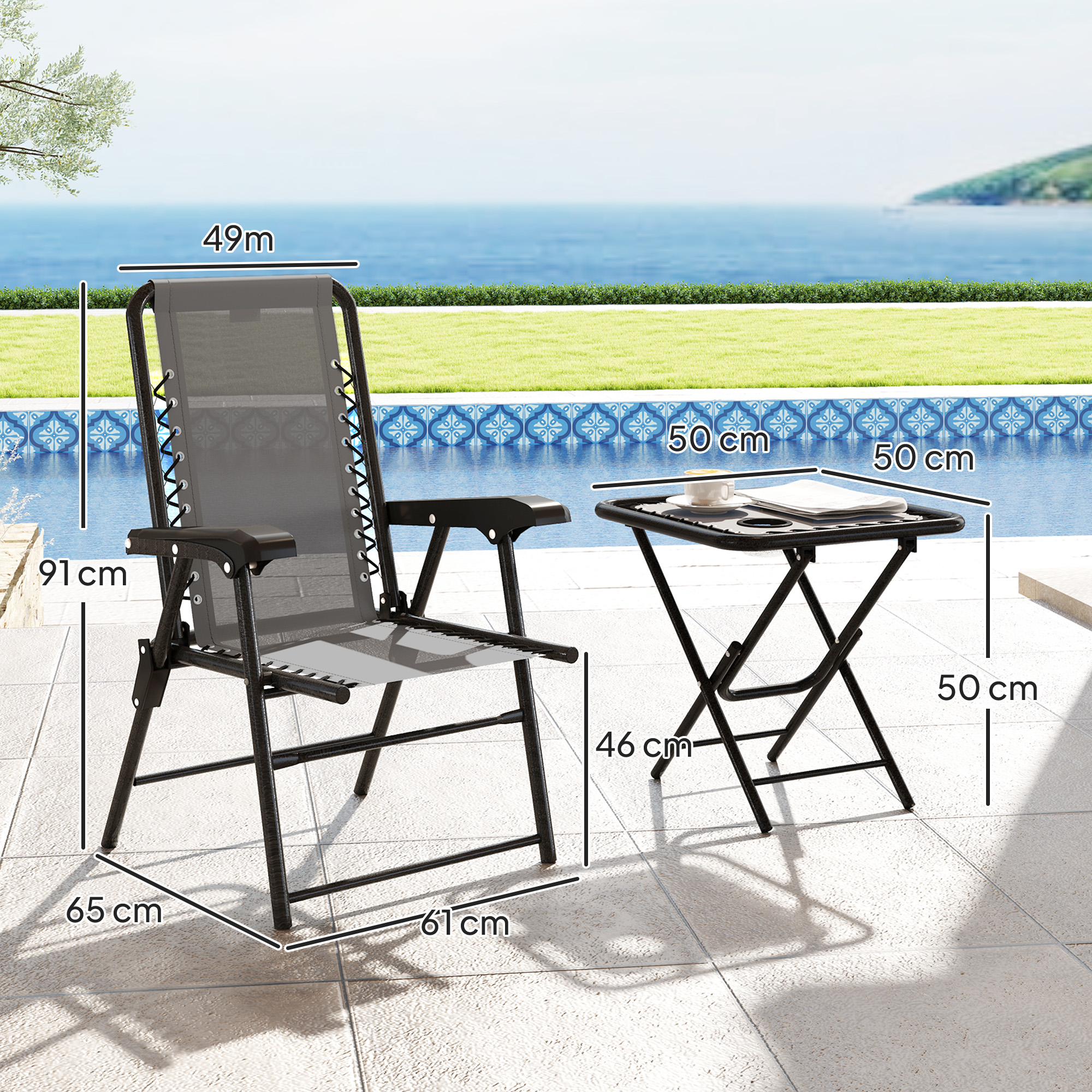 Bistro Set 3-teilig aus Stahl Wetterfest Gartenmöbel Set mit klappbar Bistrotisch Becherhalter Gartenstühlen Dunkelgrau