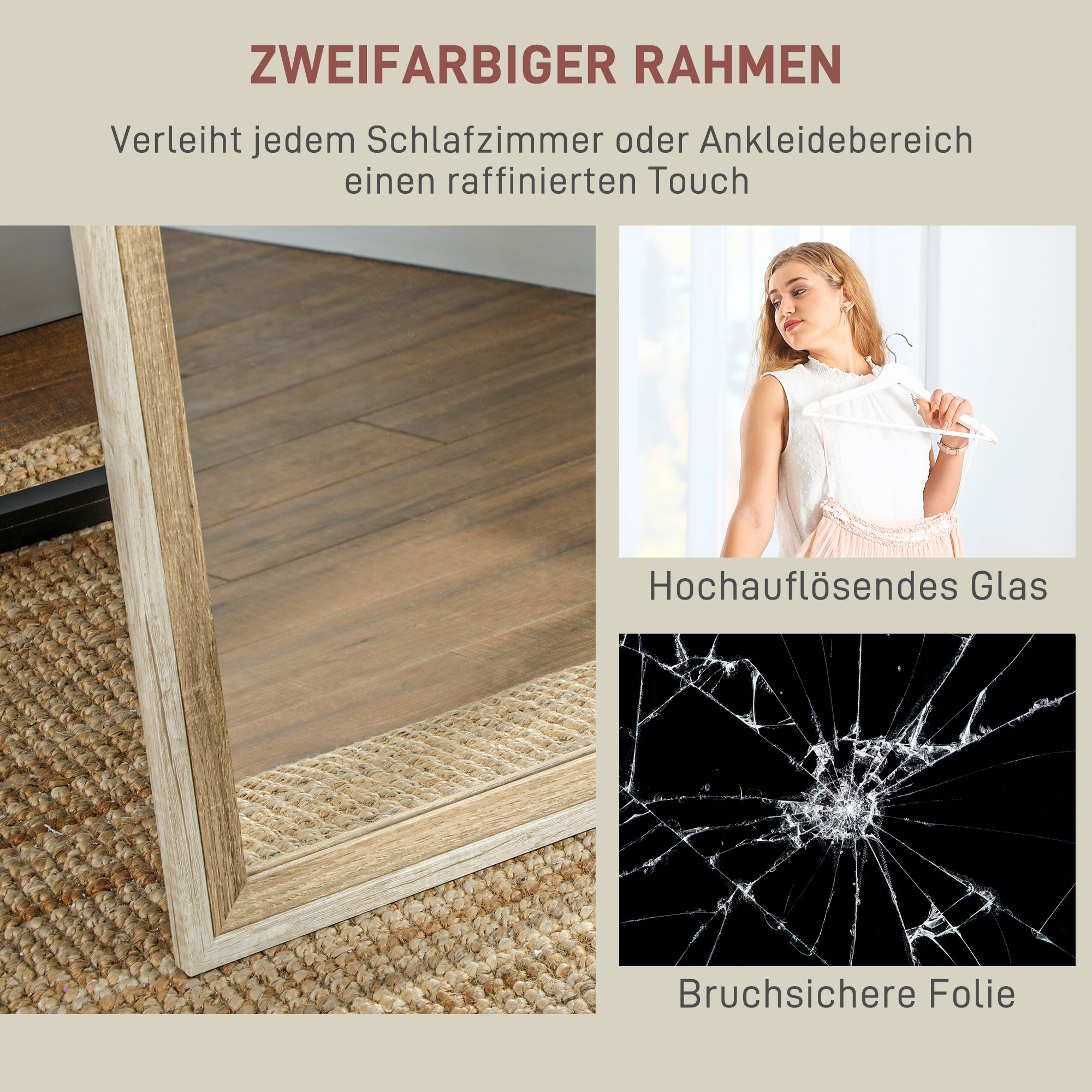 Ganzkörperspiegel, MDF-Rahmen, splitterfreie Folie, 162,6 x 53,3 cm, Naturholz
