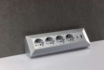 4-fach Steckdosenblock, USB-A+C, silber, 250V~/ 16A, Aufbaumontage, USB 3,1A, PD