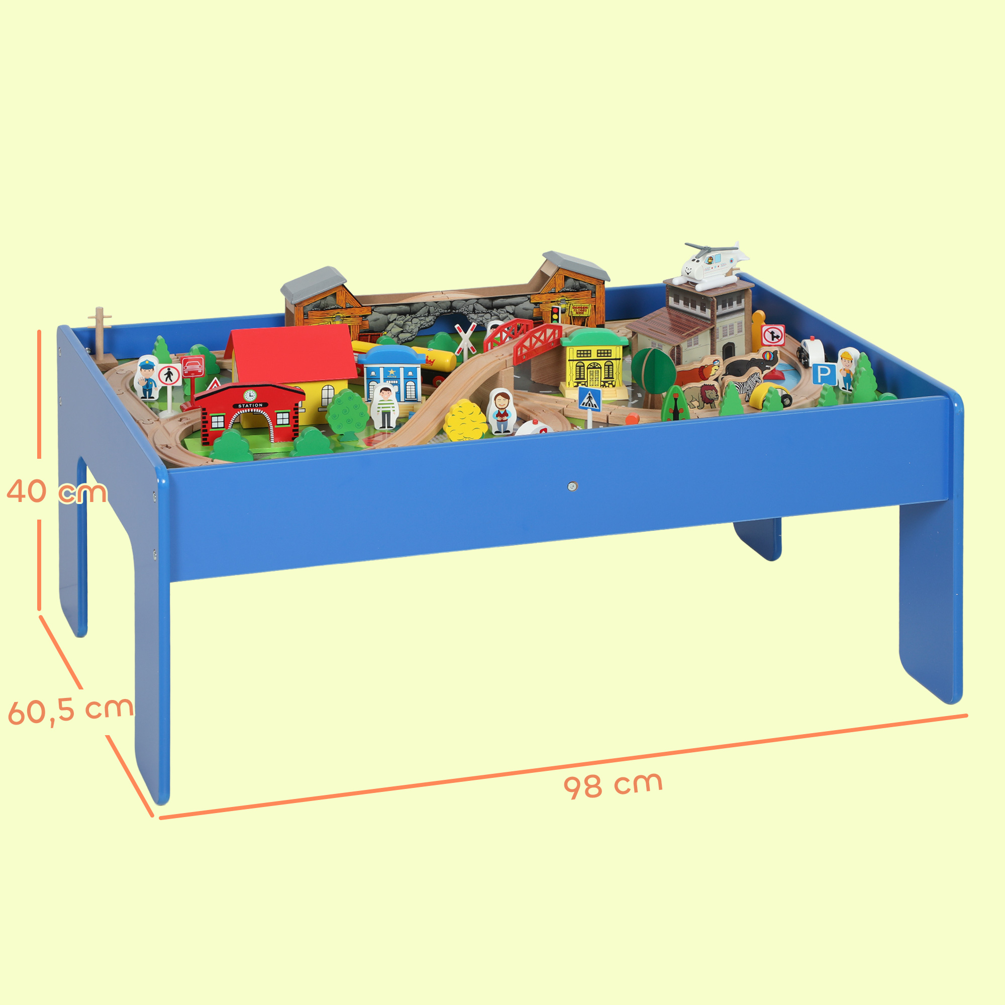 Spieltisch, 108-teiliges Eisenbahn-Set aus Holz, mit abnehmbarer Tischplatte, Eisenbahntisch, 98x60,5x40 cm, Blau