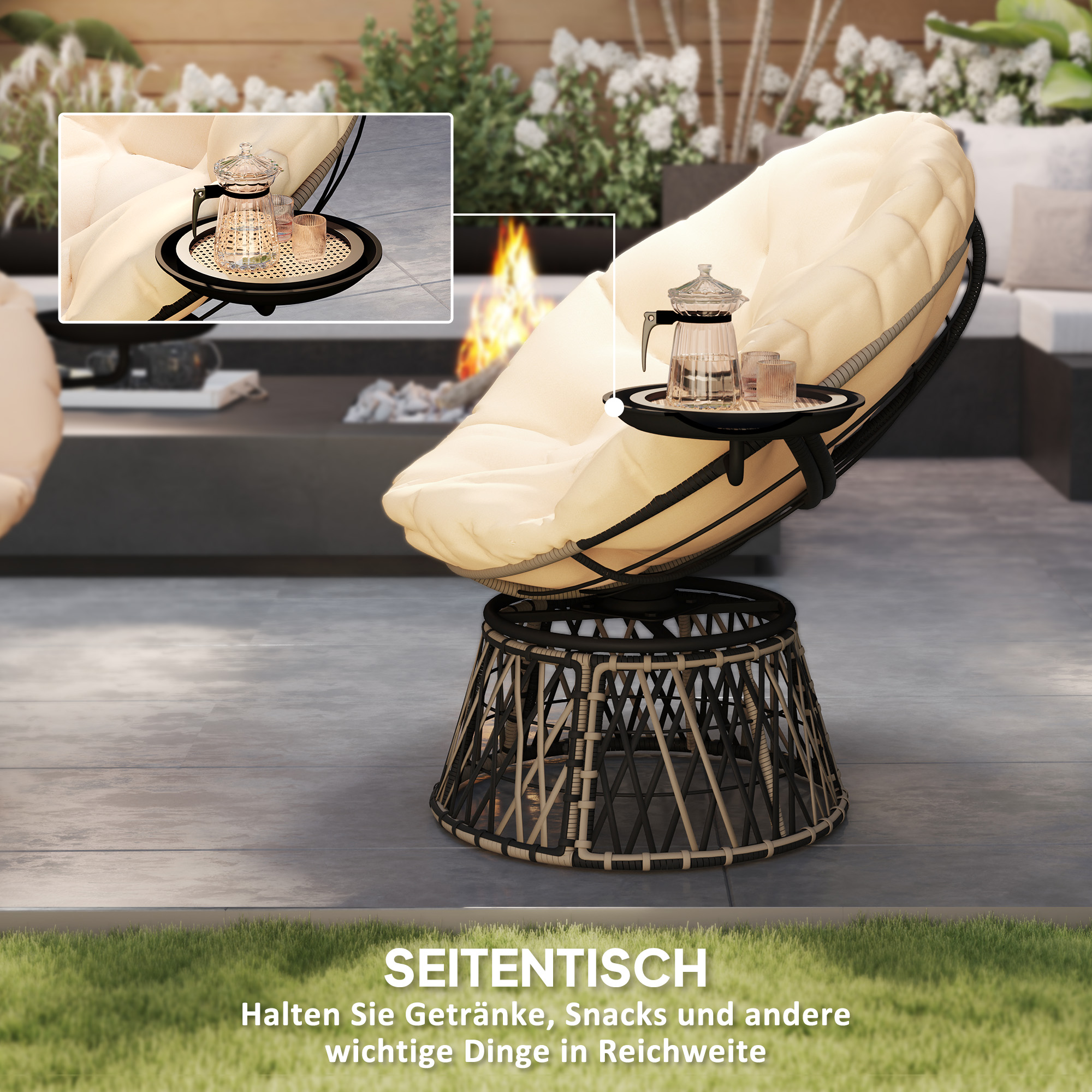 Papasansessel Rattan 360° drehbar Korbsessel mit Kissen Durchmesser 90 cm runder Beige