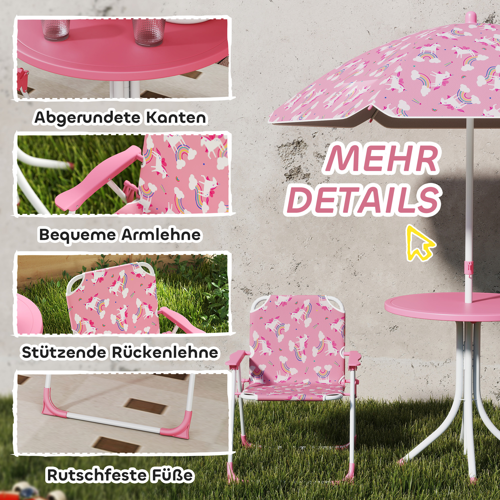 Kindersitzgruppe, 4 teilige Kindersitzgarnitur mit abnehmbarem Sonnenschirm, Kindertisch mit 2 Klappstühlen, Rosa