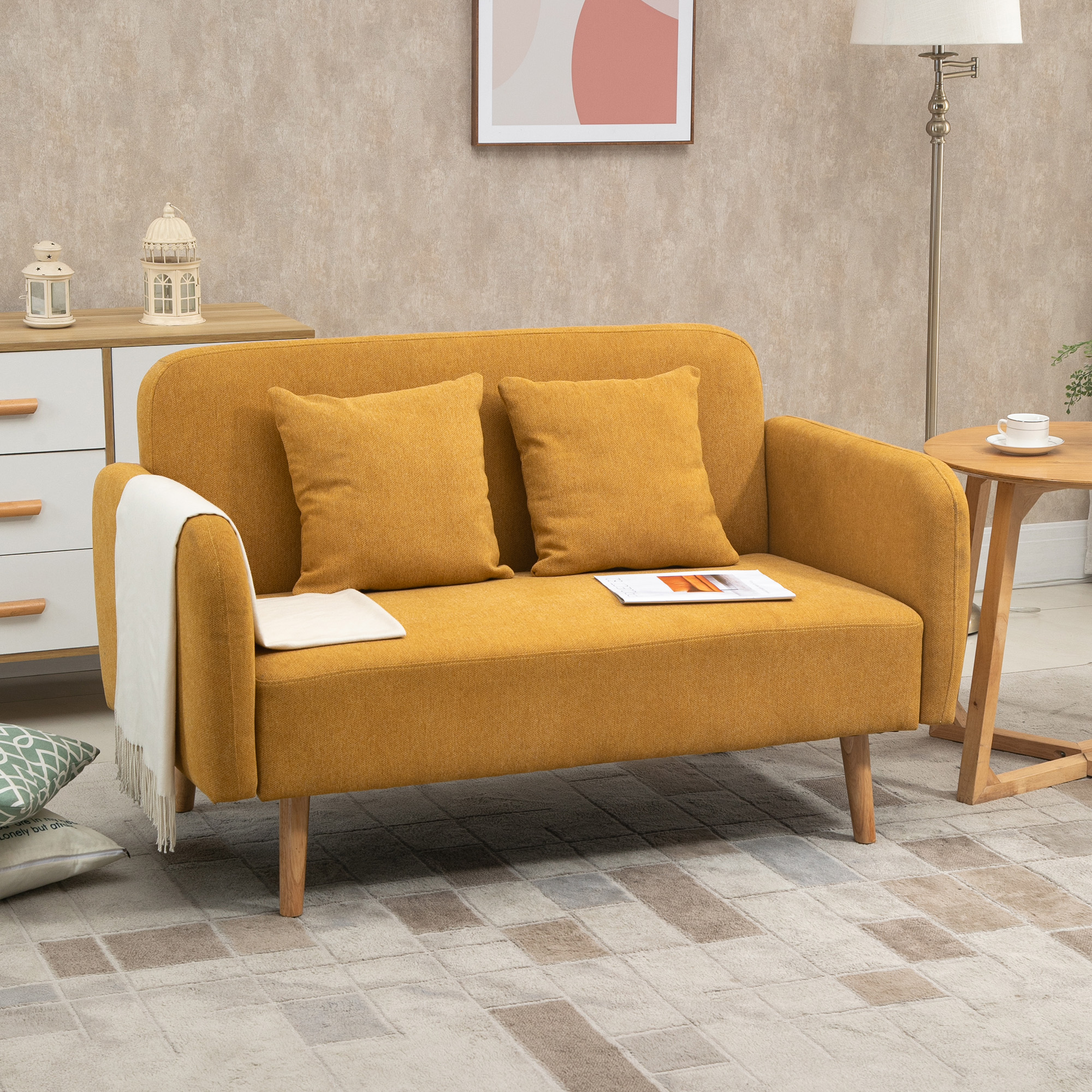 2 Sitzer Sofa, Couch mit 2 Wurfkissen, gepolsterter Doppelsofa, Polstersofa mit Samtopik, Armlehne, Loveseat für Wohnzimmer, Schlafzimmer,  130 x 70 x 80 cm, Gelb
