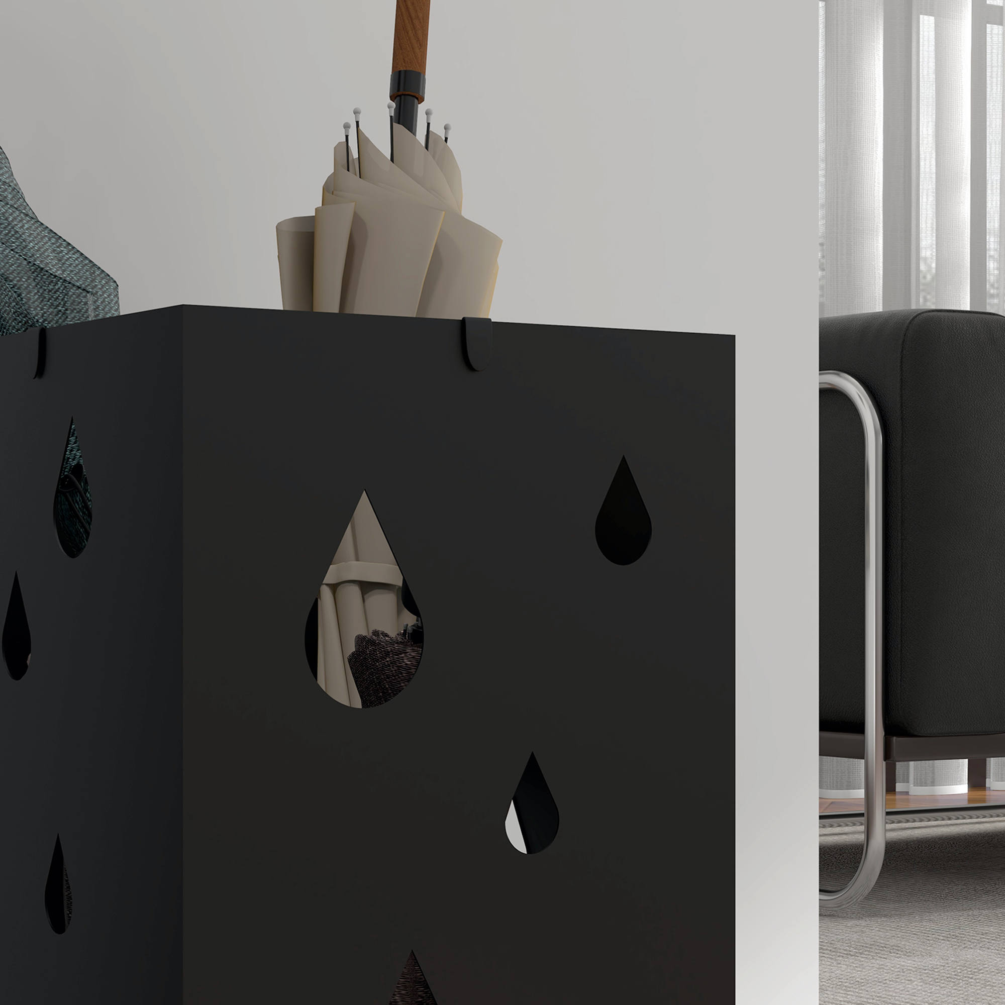 Schirmständer, 4 Haken, Tropfschale, Stahl, Schwarz