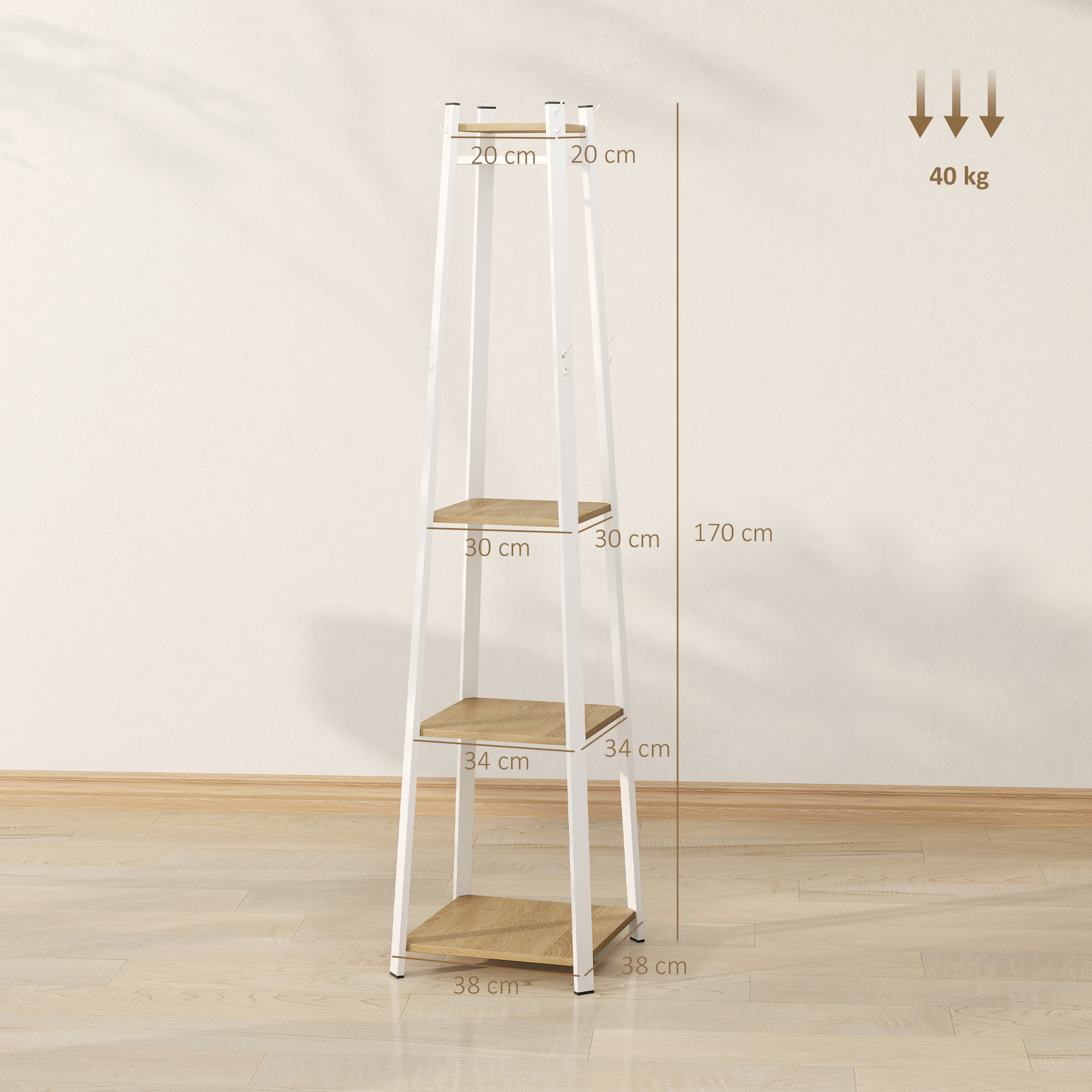 Kleiderständer, Trapez-Design, dreistufig, 8 Doppelhaken, Stahll, Weiß+Eiche