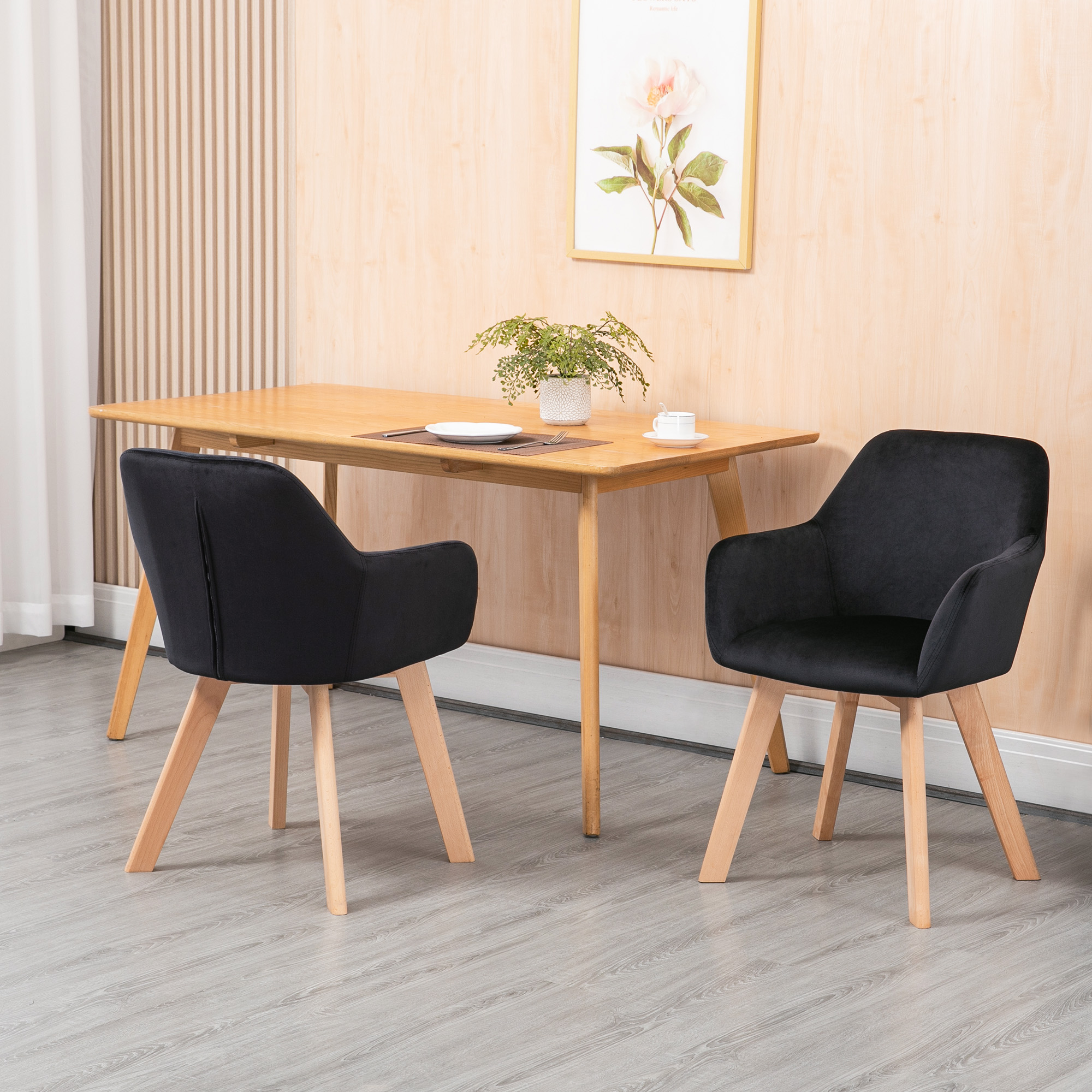 Esszimmerstühle, 2er-Set, modernes Design, Samtoptik, Kautschukbaumholz, 54x57x80 cm, Schwarz