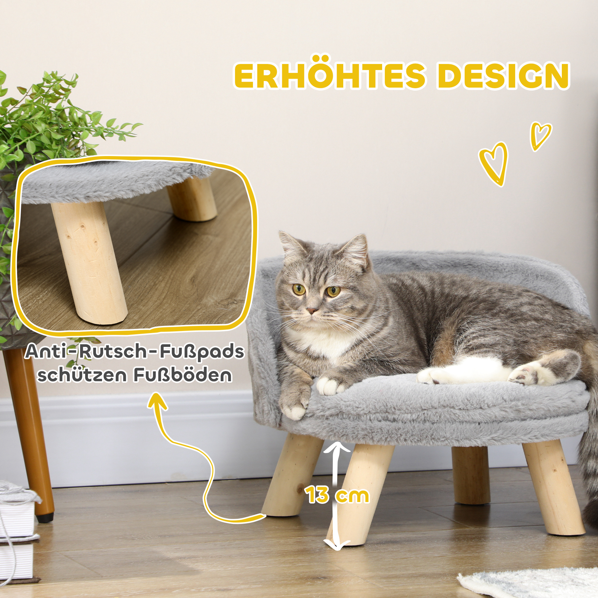Tierbett für Hunde und Katzen, weiches & waschbares Kissen, Schutzrand, 40,5 x 40,5 x 33 cm