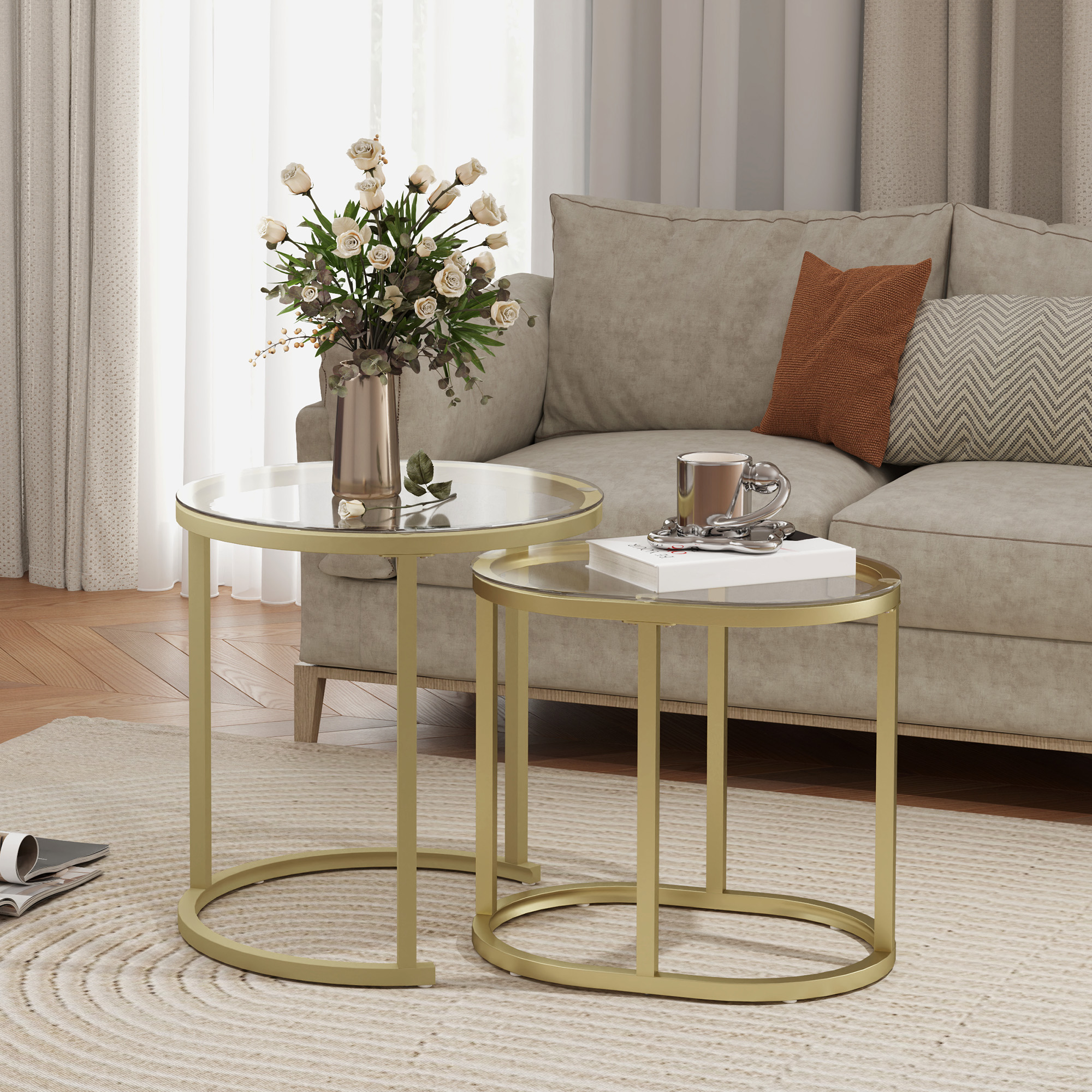 2er-Set Couchtisch, Ovaler und runder Kaffeetisch, stapelbar, Stahl, Ø50 x 50,5H cm, Gold