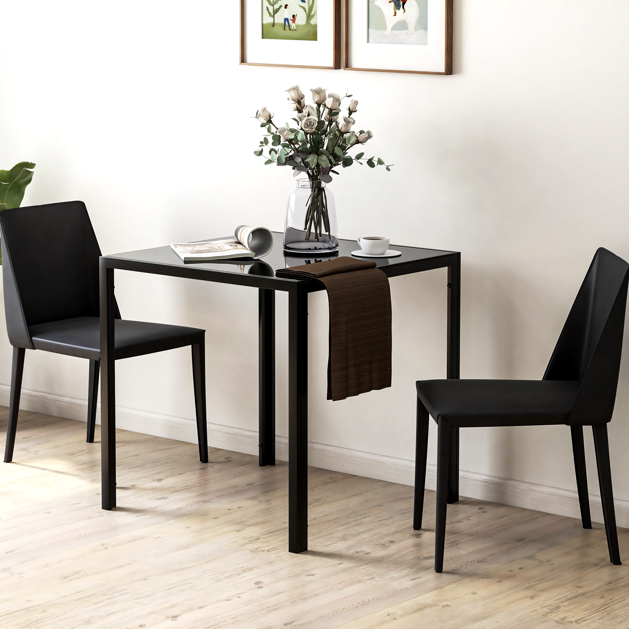 Quadratischer Esstisch für 4 Personen, Tischplatte aus Hartglas, für Küche und Esszimmer, 75 x 75 x 75 cm, Schwarz