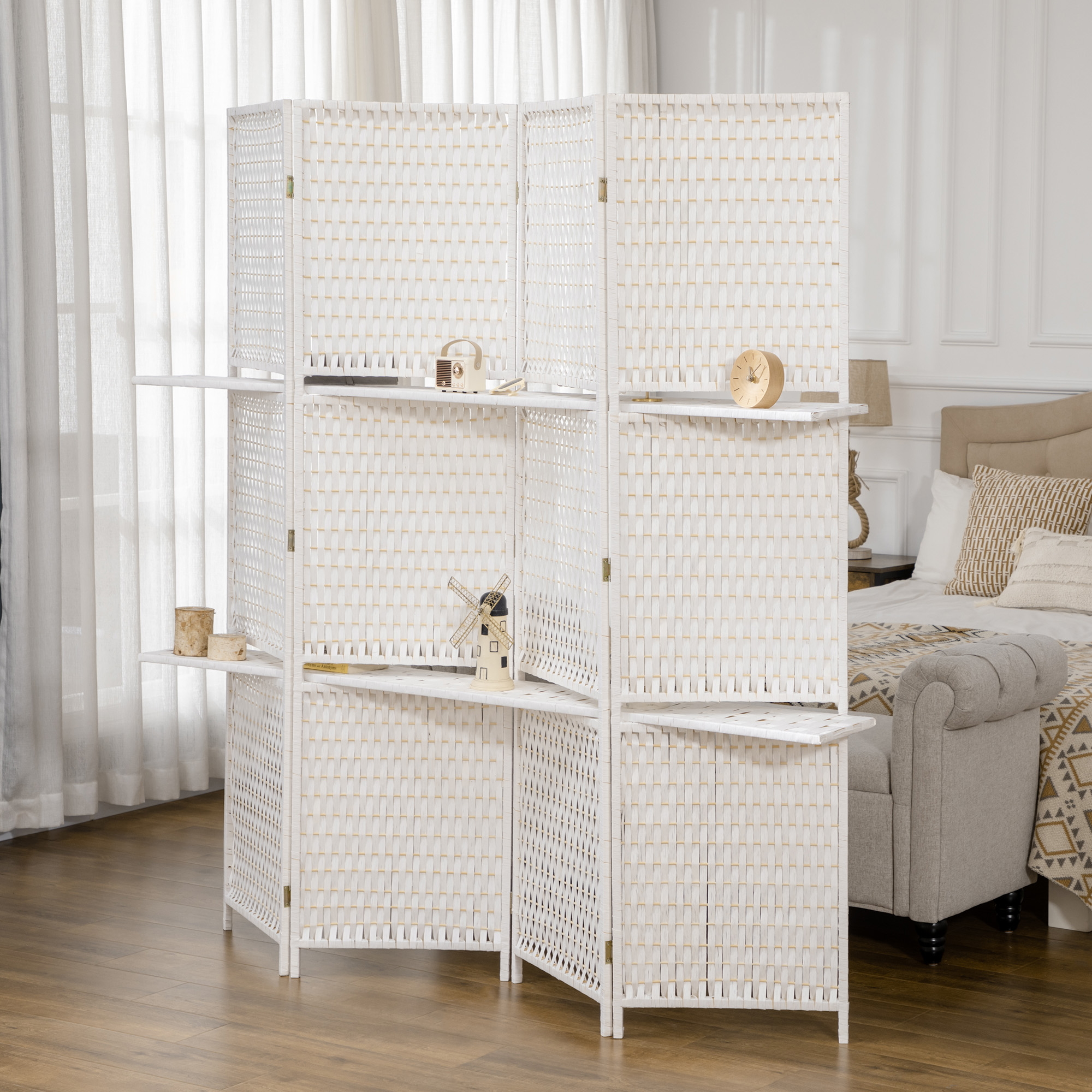 Paravent 4-teilig 181 x 180 cm Faltbar Raumteiler mit 2 Regalen aus Kiefernholz, Bambus für Schlafzimmer, Weiß