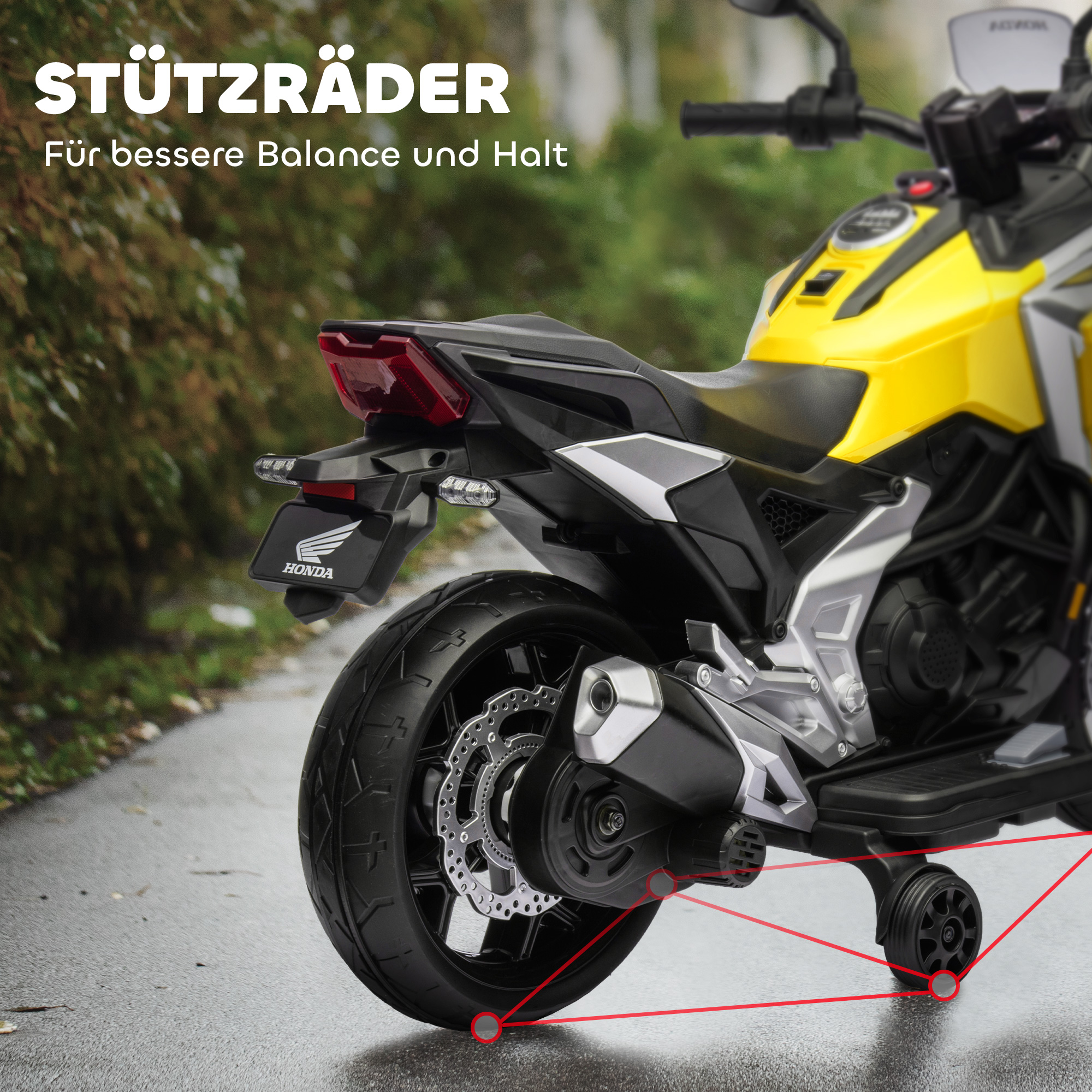 Elektro-Kindermotorrad, Honda, 3 km/h, Musik & Licht, 3-6 Jahre, bis 30 kg, Gelb