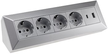 4-fach Steckdosenblock, USB-A+C, silber, 250V~/ 16A, Aufbaumontage, USB 3,1A, PD