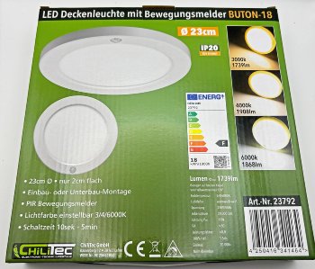 LED Deckenleuchte "BUTON" mit PIR-Sensor, Ø 23cm, 10/15/18W - 3000/4000/6000k