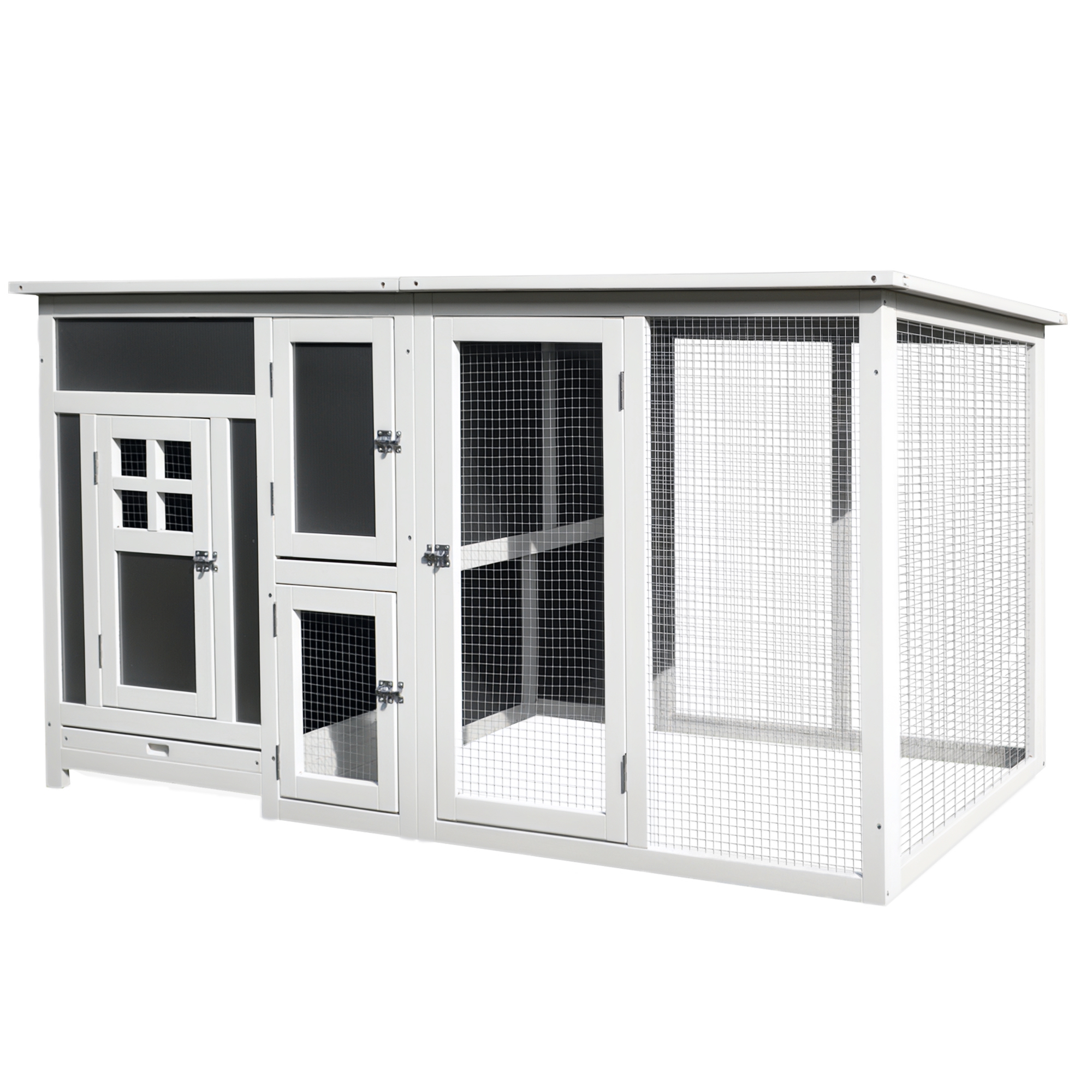 Hühnerstall Hühnerhaus Geeignet für 1-2 Hühner, mit Nistkasten Eierkiste mit 2 Fächern, Tanne, Grau+Weiß, 160 x 75 x 80 cm
