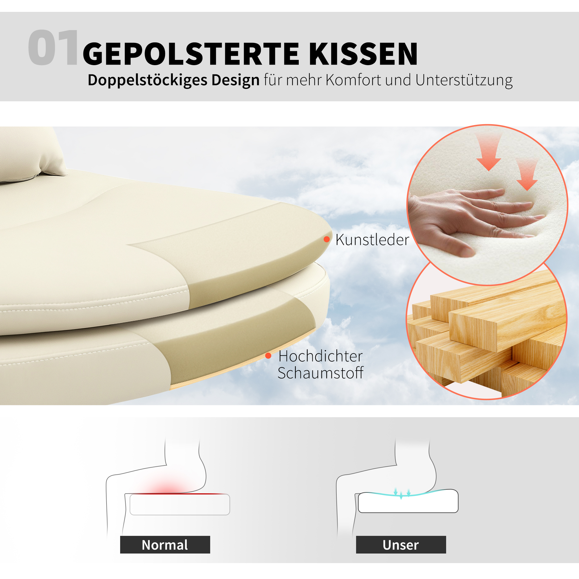 Armloser Bürostuhl mit Kunstleder-Bezug, Schreibtischstuhl mit Rollen, Extra-Kissen, höhenverstellbar, rollbar, Beige