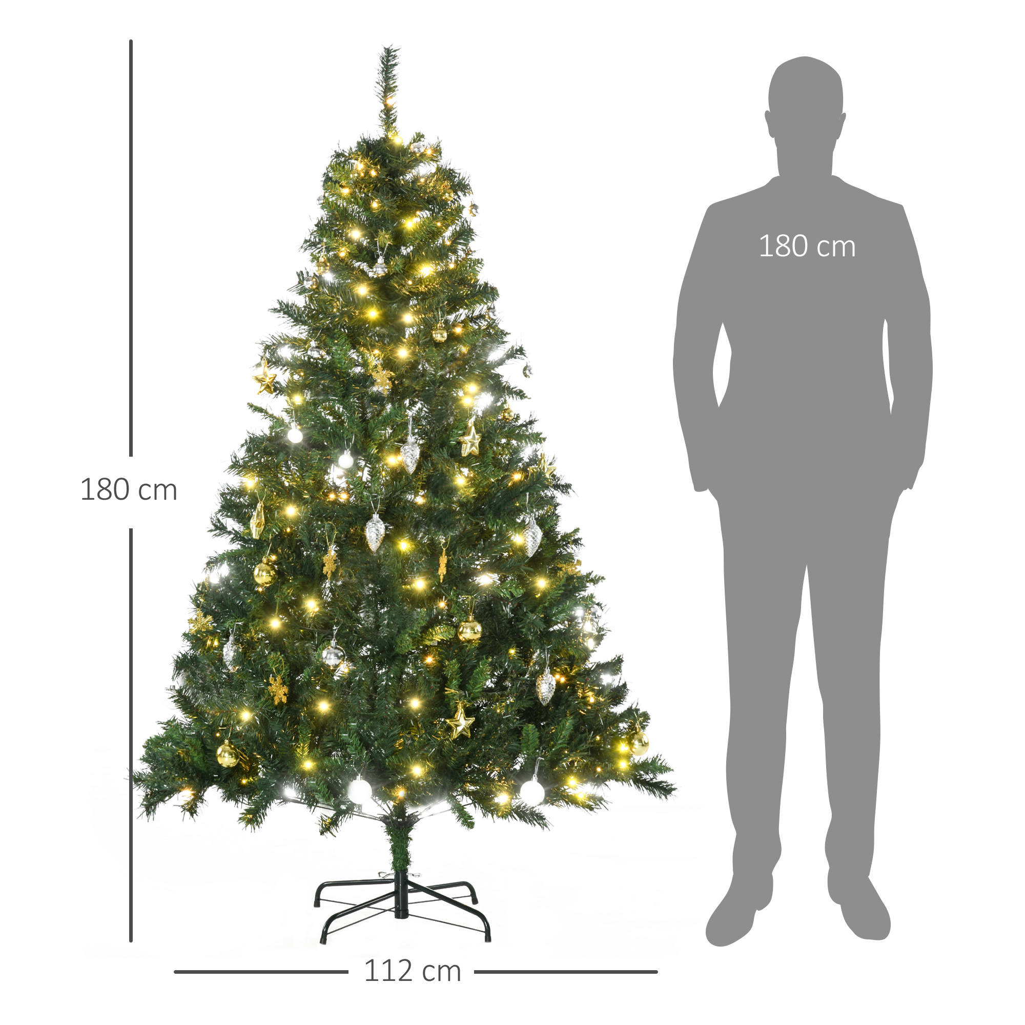 Künstlicher Weihnachtsbaum 180 cm künstlich Tannenbaum mit LED Beleuchtung, Kugeln, Christbaum mit 745 Spitzen, Weihnachtsdeko inkl. Metallständer für Drinnen