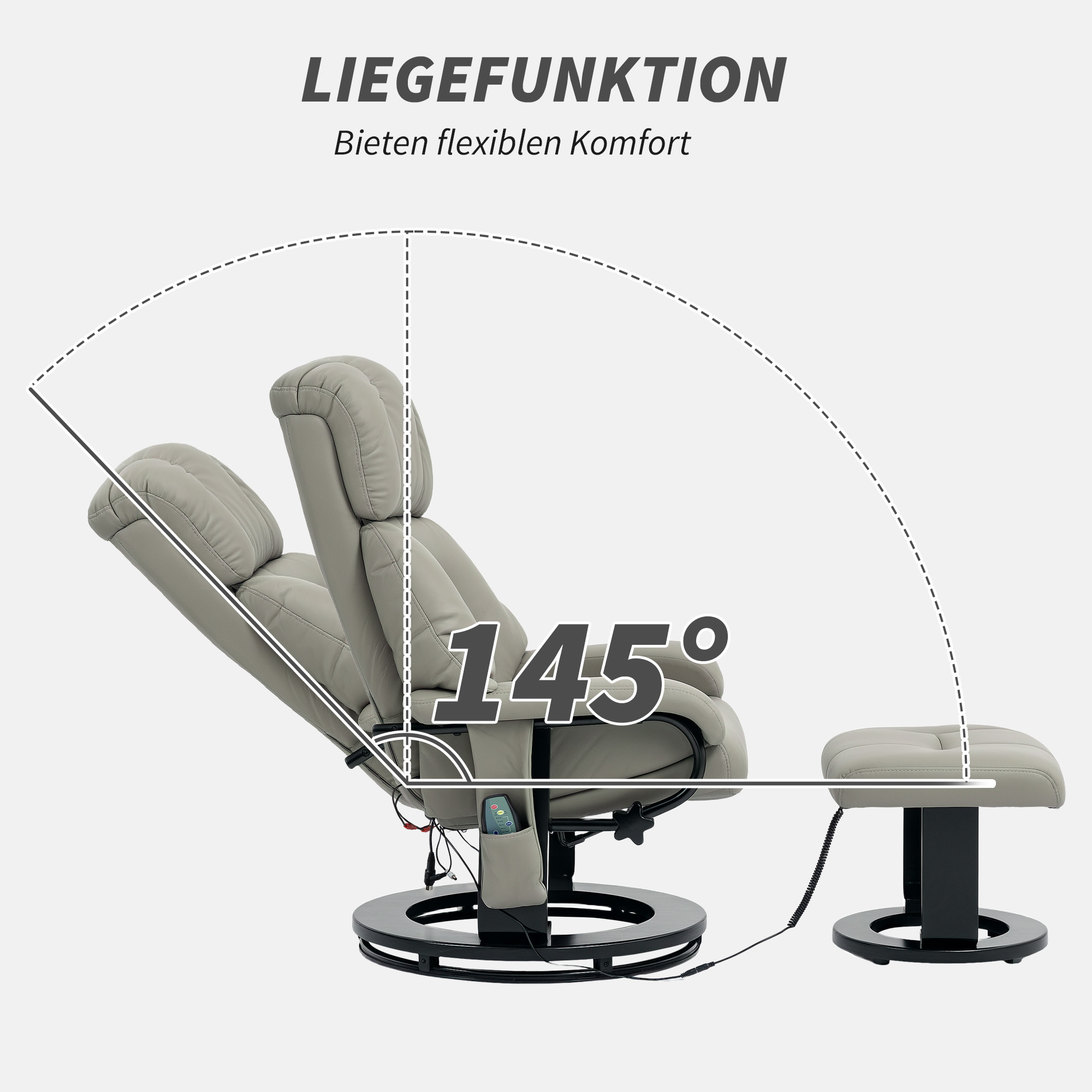 Relaxsessel Massagefunktion Fernsehsessel mit Seitentasche, Kunstleder, Grau