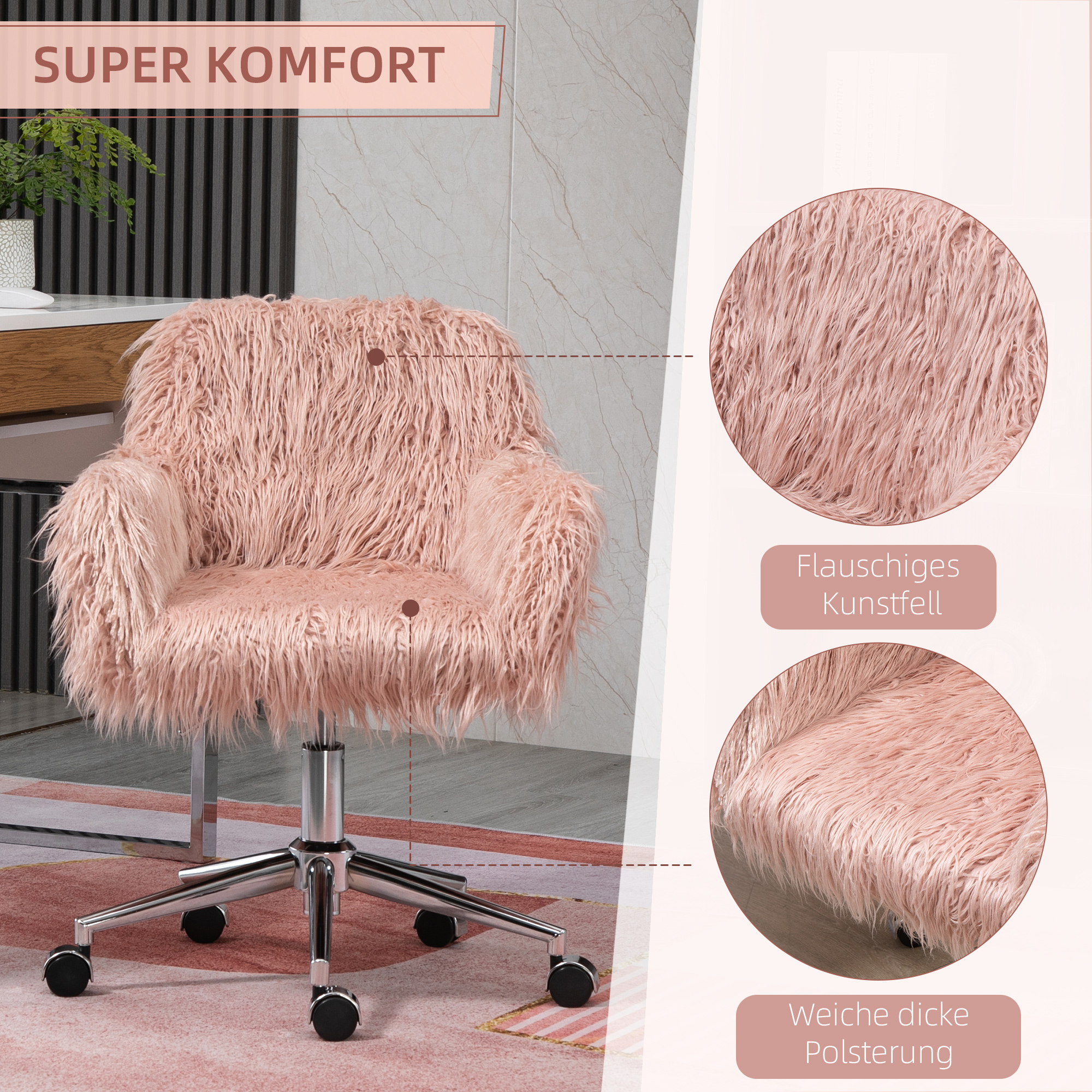 Chefsessel Drehstuhl Computerstuhl Schminkstuhl mit Kunstfell Sitzhöhenverstellung für Mädchen Kunstpelz Schaumstoff Rosa+Silber 57 x 60 x 75-85 cm