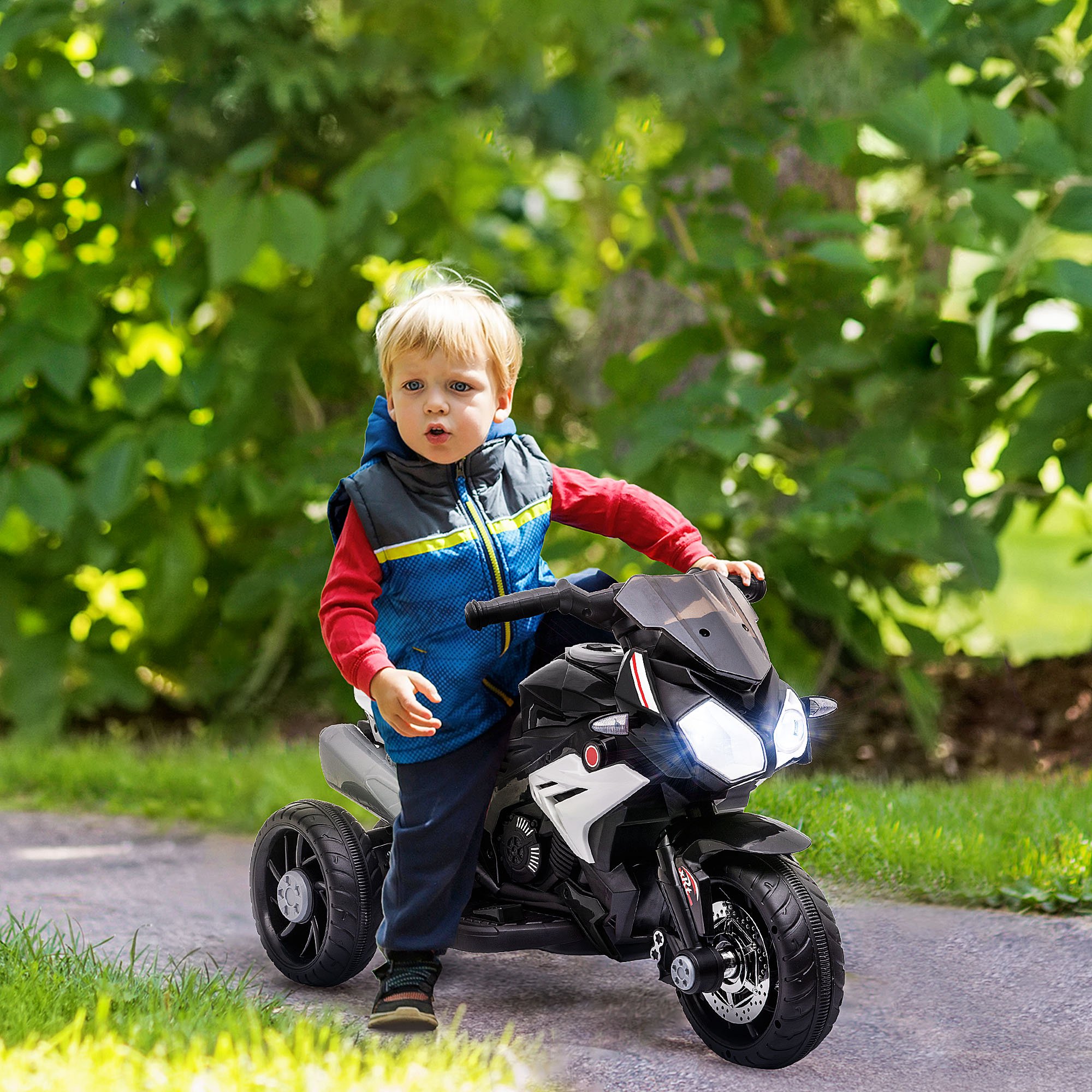 Elektro-Kindermotorrad, Lichter & Geräusche, 3 km/h, wiederaufladbar, Kunststoff & Metall, Schwarz/Weiß