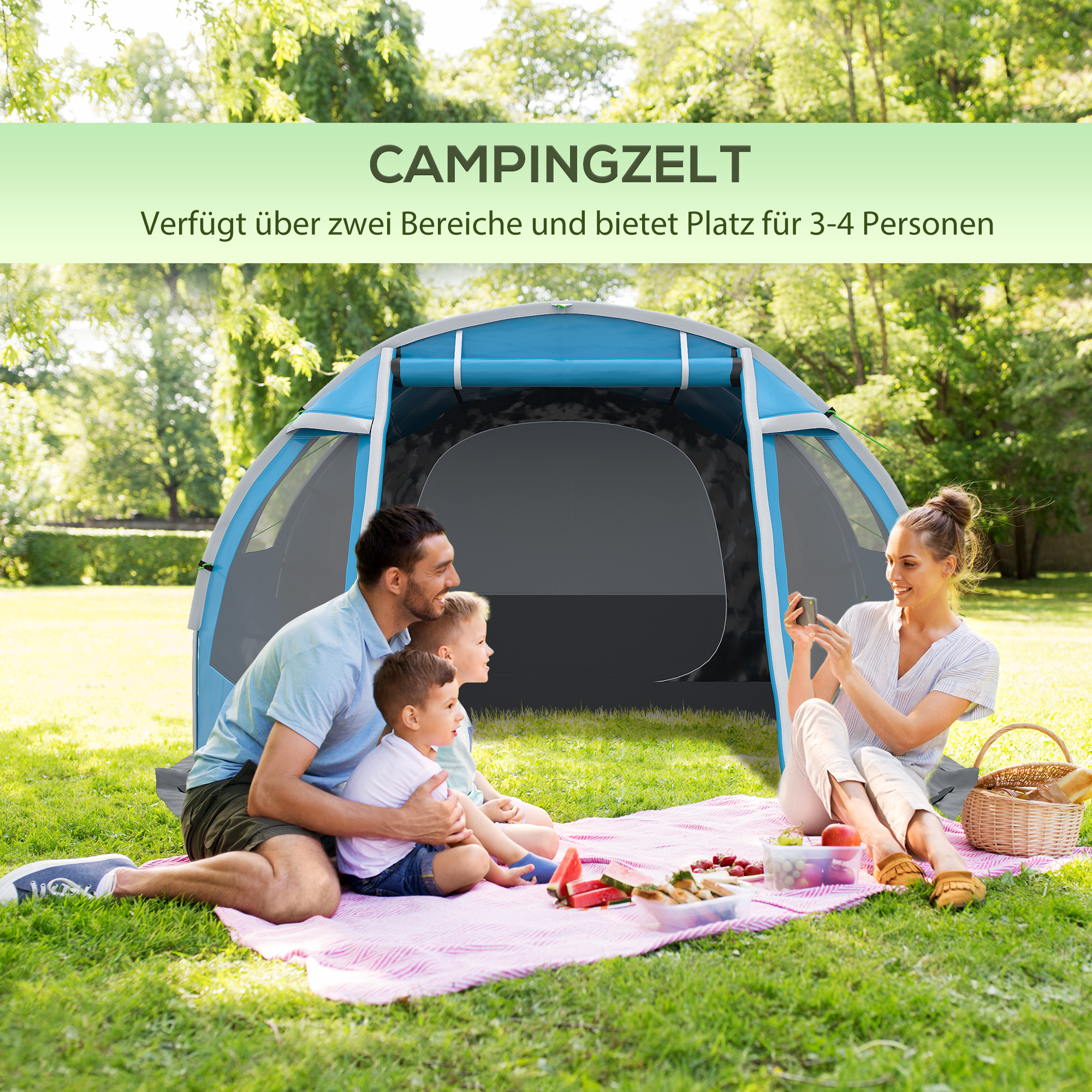 Campingzelt Trekkingzelt Zelt, wetterbeständig, 2 Räume,  475 x 264  cm Breite x 172, Blau