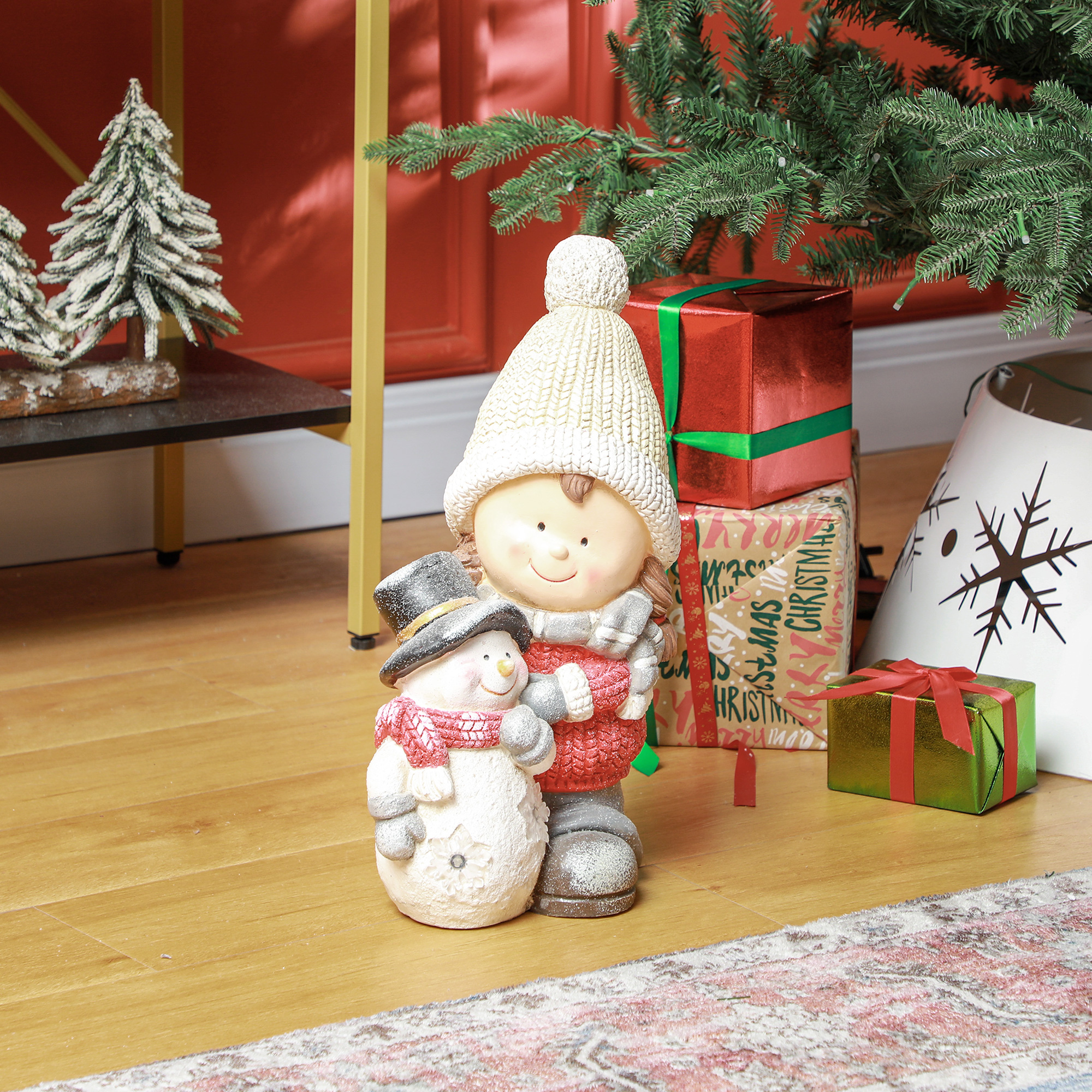 Wichtel mit Schneemann, Gartenzwerg, 4 LEDs, batteriebetrieben, 25 x 18 x 45,5 cm