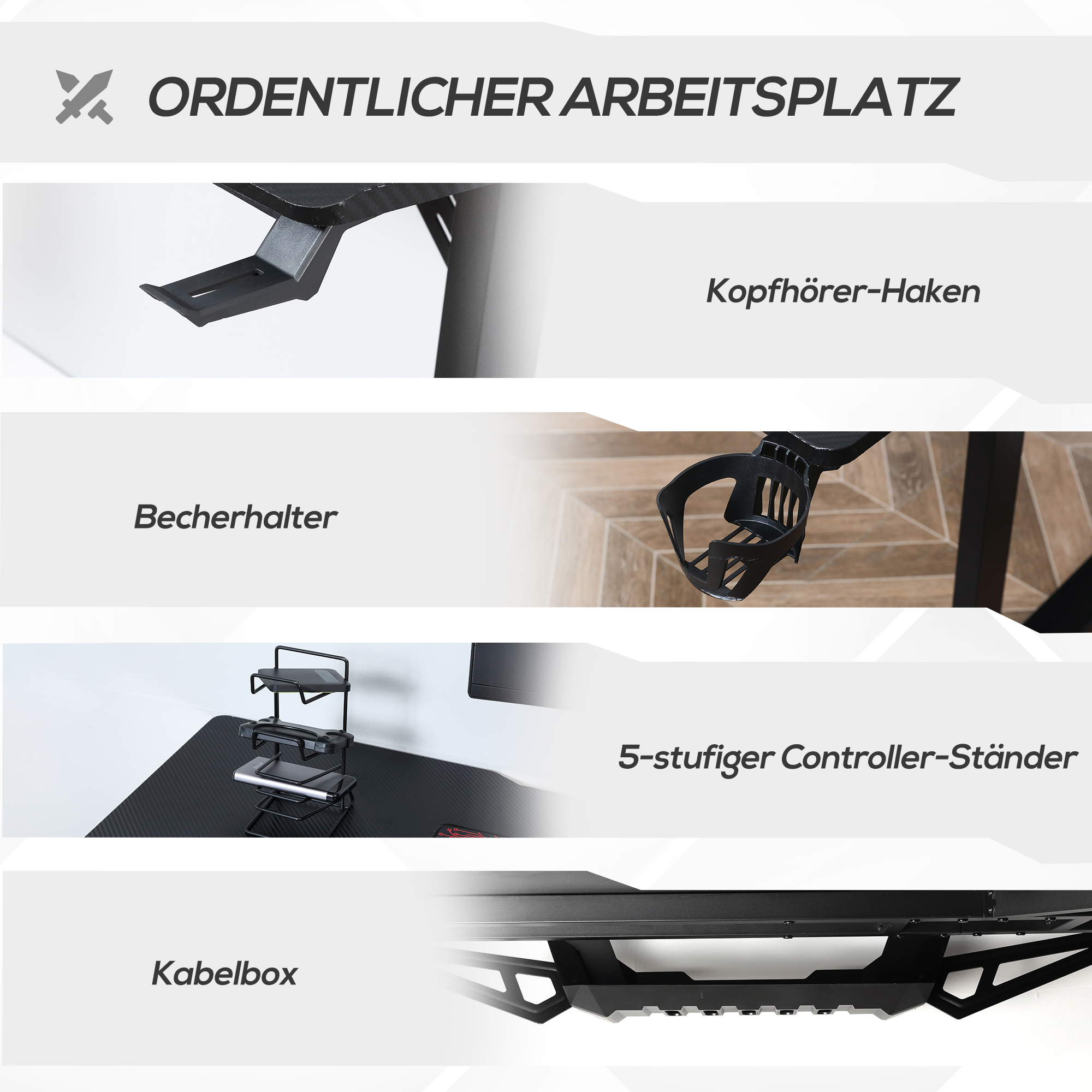 Gaming Tisch Schreibtisch L-förmige mit Kopfhörerhaken Getränkehalterung Computertisch MDF Metall Schwarz+Rot 168 x 109 x 78 cm